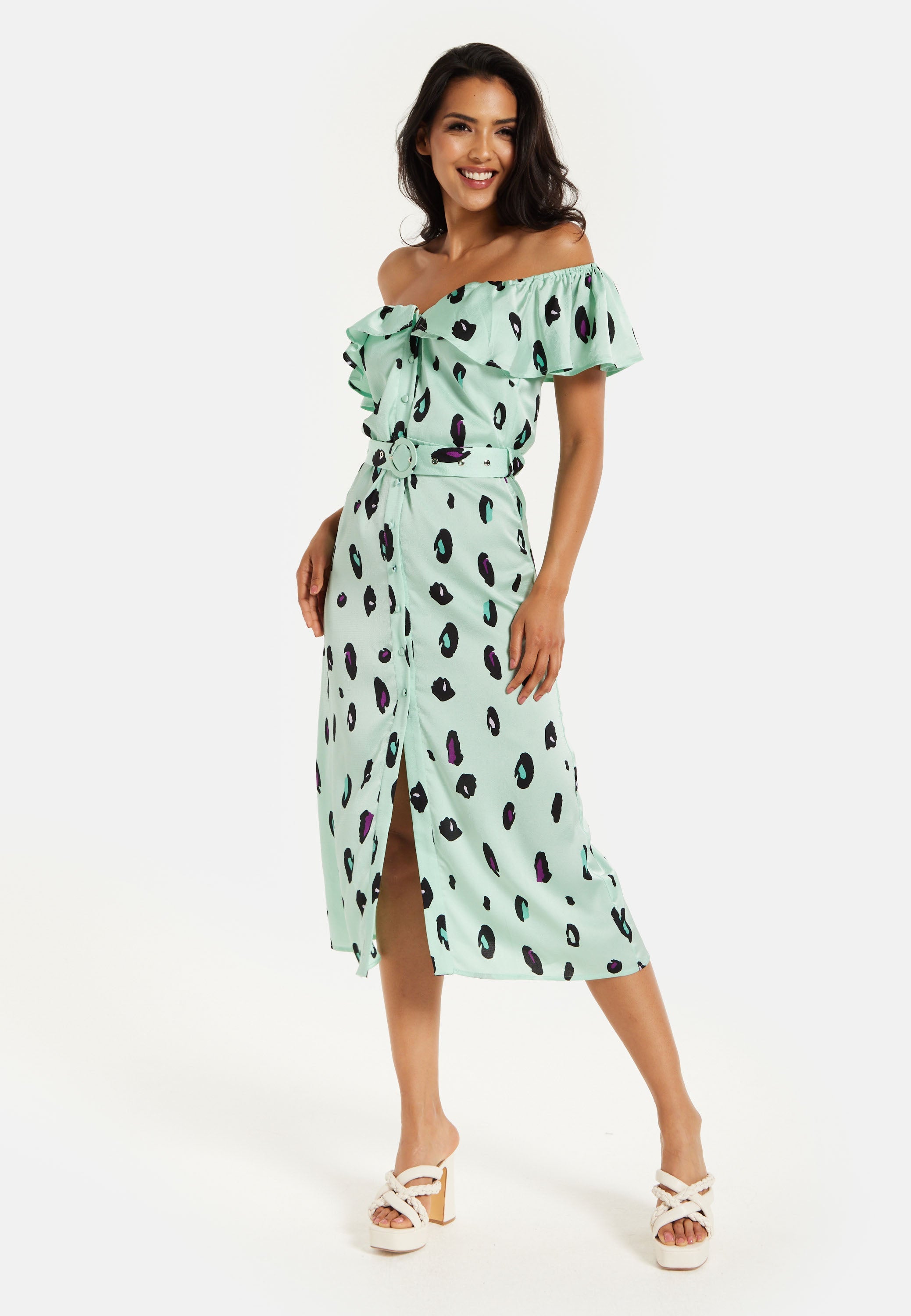 Women's Midi Dress with Off Shoulder Sleeves in Mint Animal Print - Liquorish