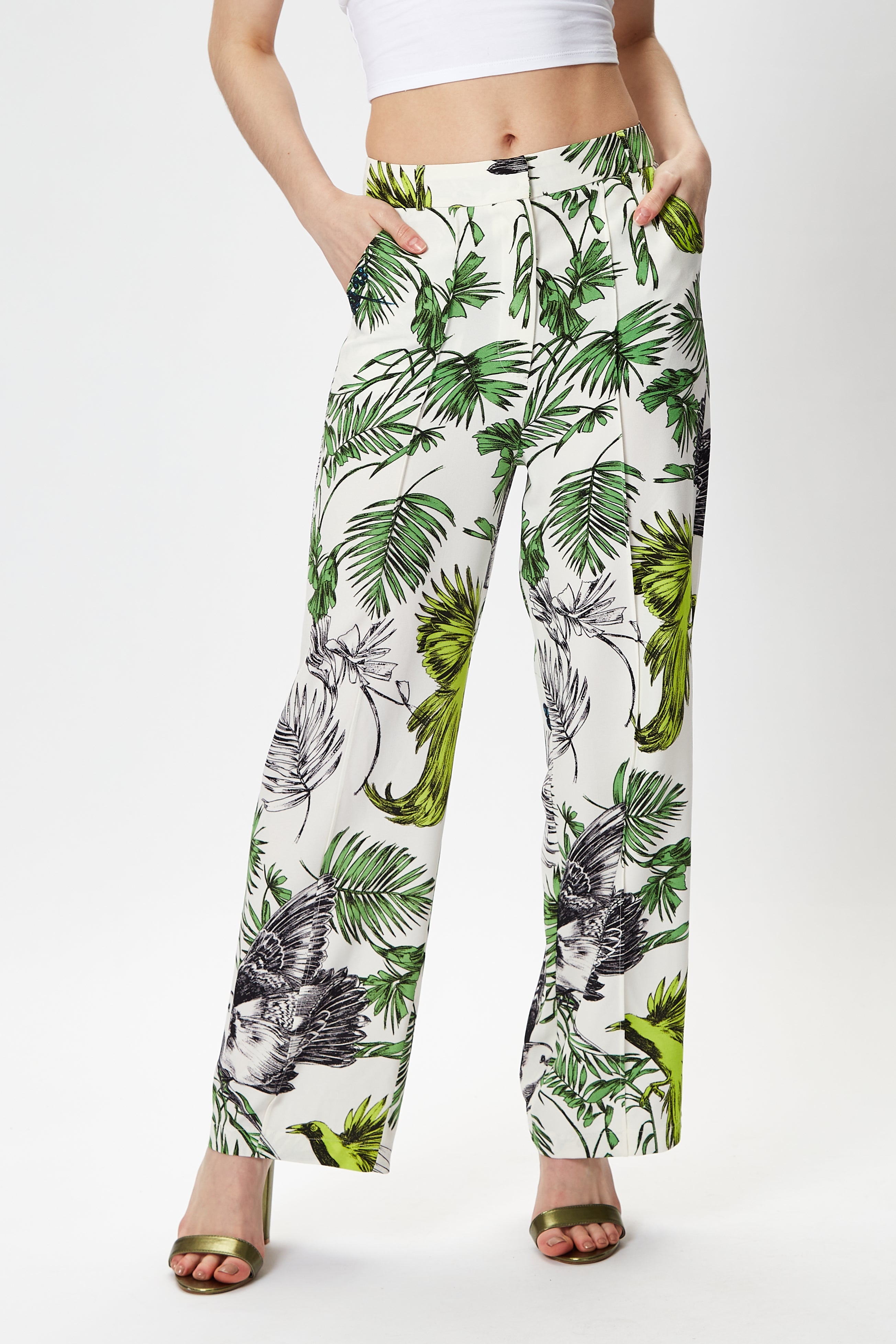 Women's Trousers with High Rise Fit, Bird and Floral Print, Part of Co-ord Set, 100% Polyester - Liquorish