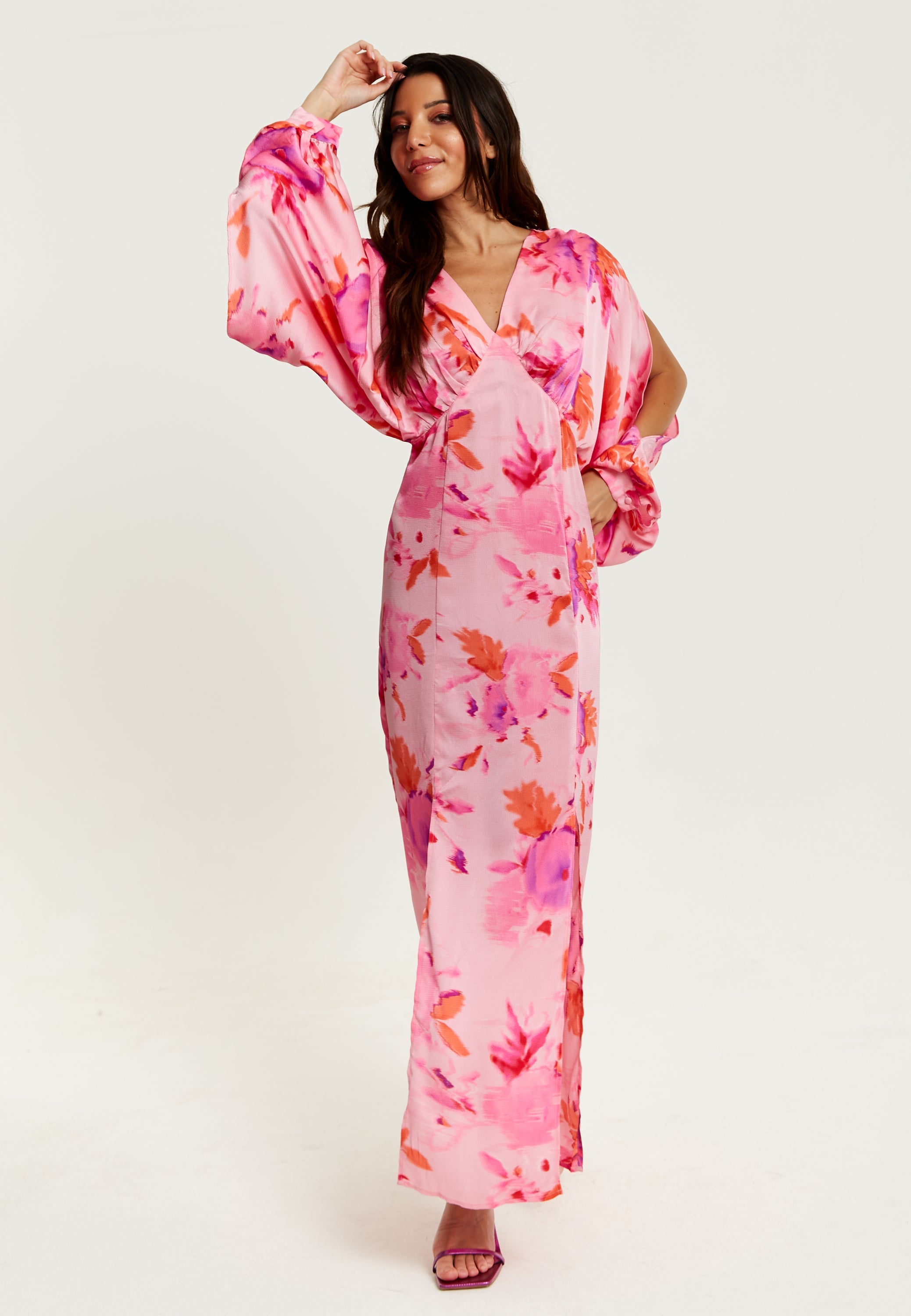 Women's Maxi Dress in Pink with Sleeve Slits and Floral Print, Elegant Design by Liquorish