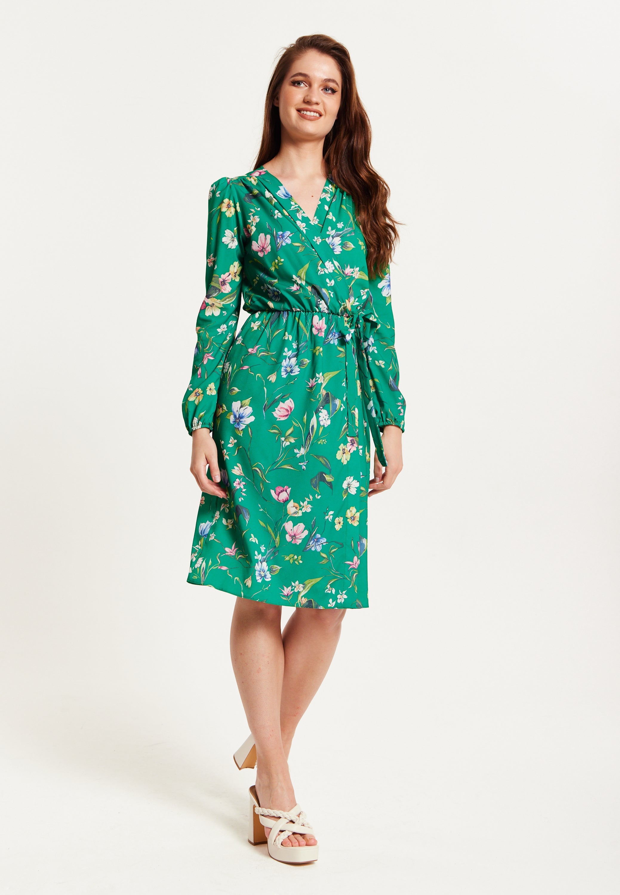 Women's Midi Wrap Dress in Green Floral Print with Long Sleeves - Chic Elegance by Liquorish