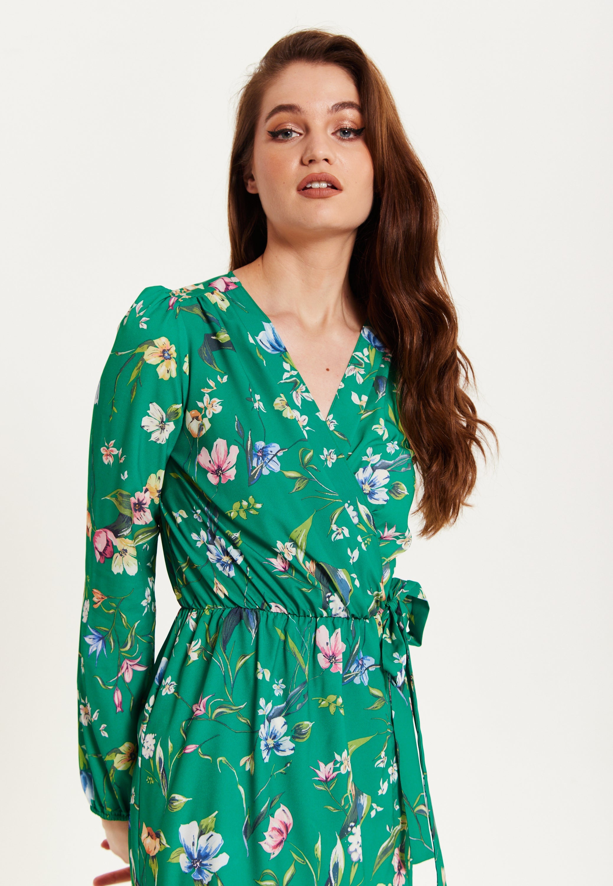 Women's Midi Wrap Dress in Green Floral Print with Long Sleeves - Chic Elegance by Liquorish