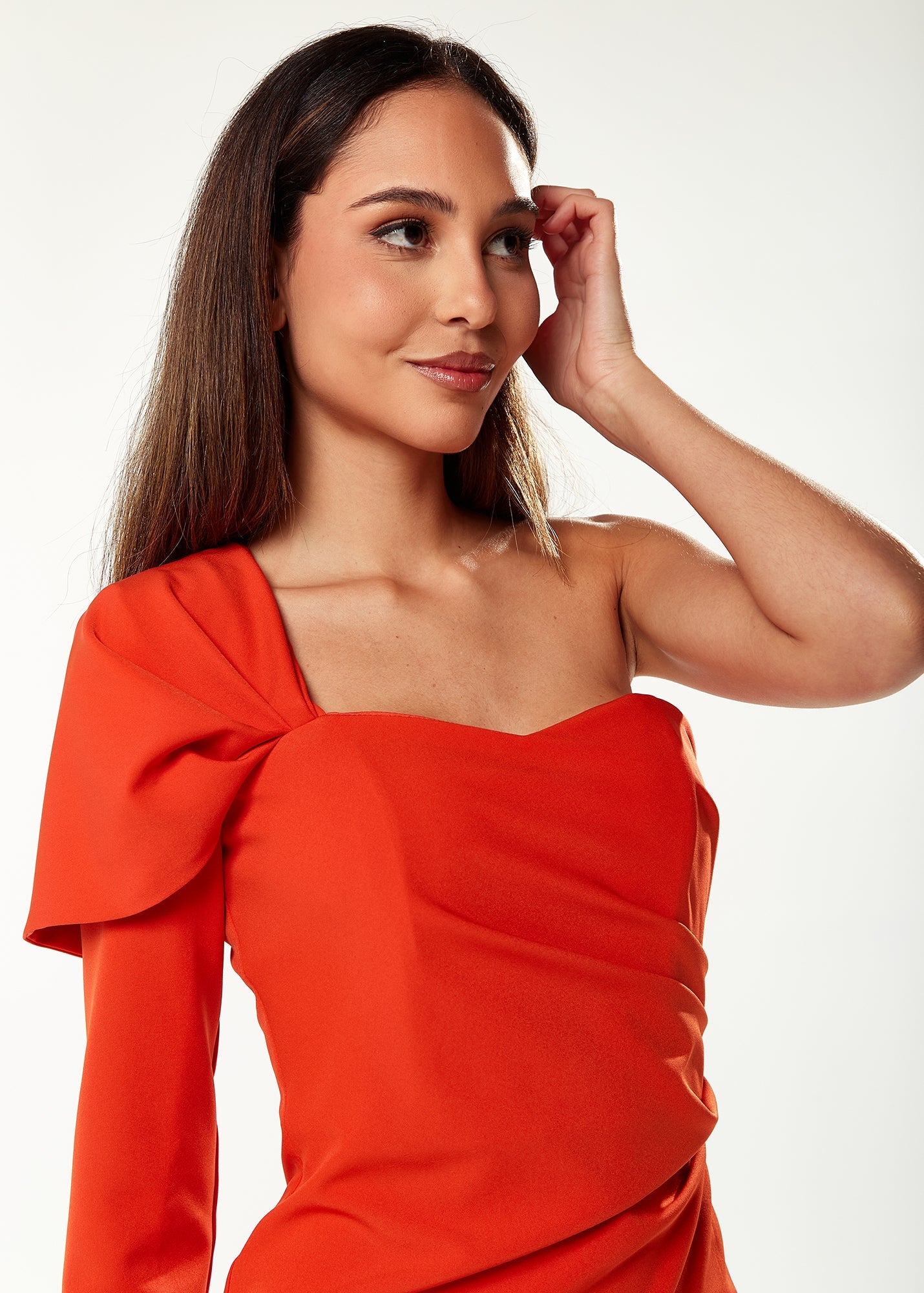 Women’s Mini Dress with Asymmetric Design and Statement Puff Sleeve in Orange - Liquorish