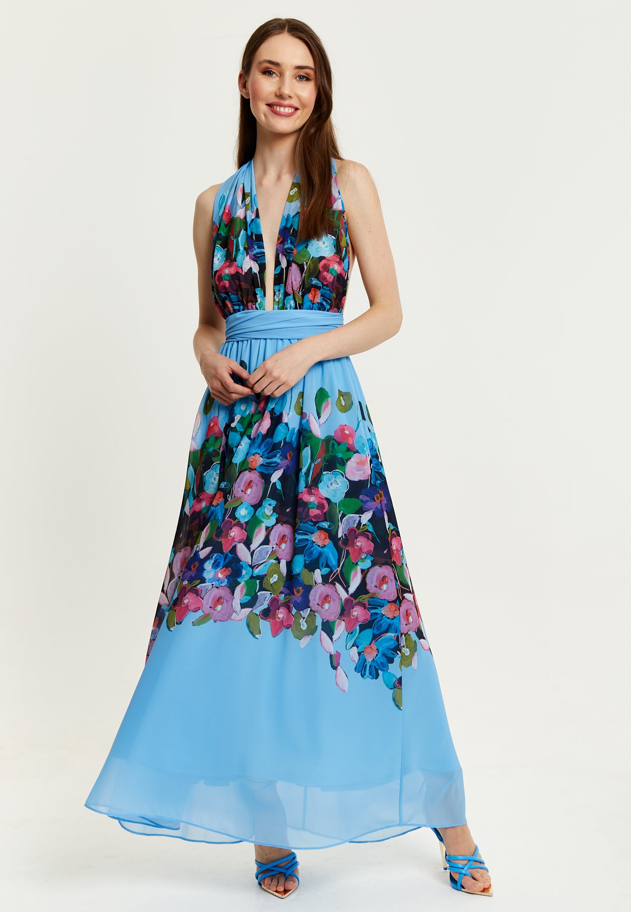 Women’s Maxi Dress in Blue with Sleeveless Design and Deep V Neck - Liquorish