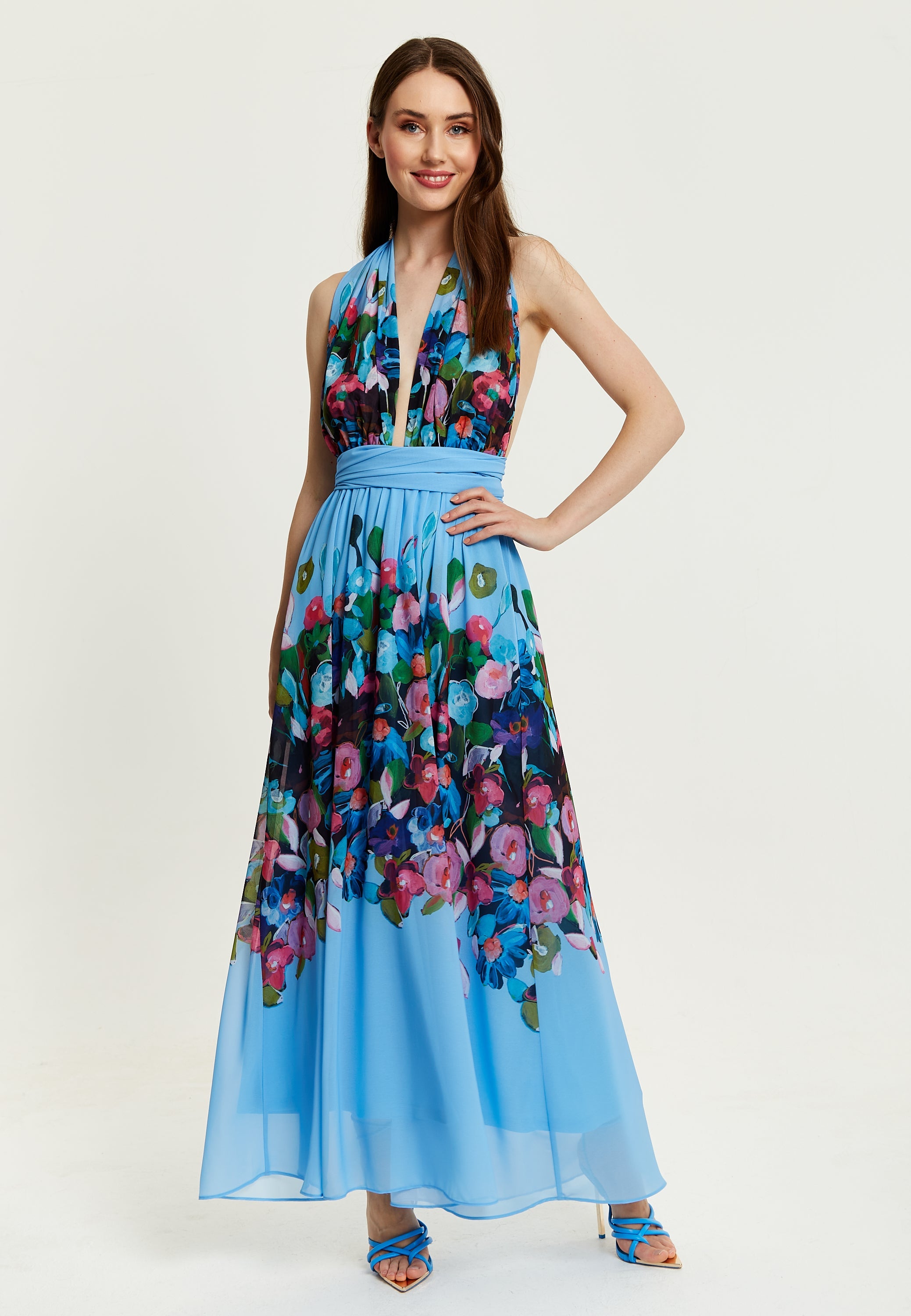 Women’s Maxi Dress in Blue with Sleeveless Design and Deep V Neck - Liquorish