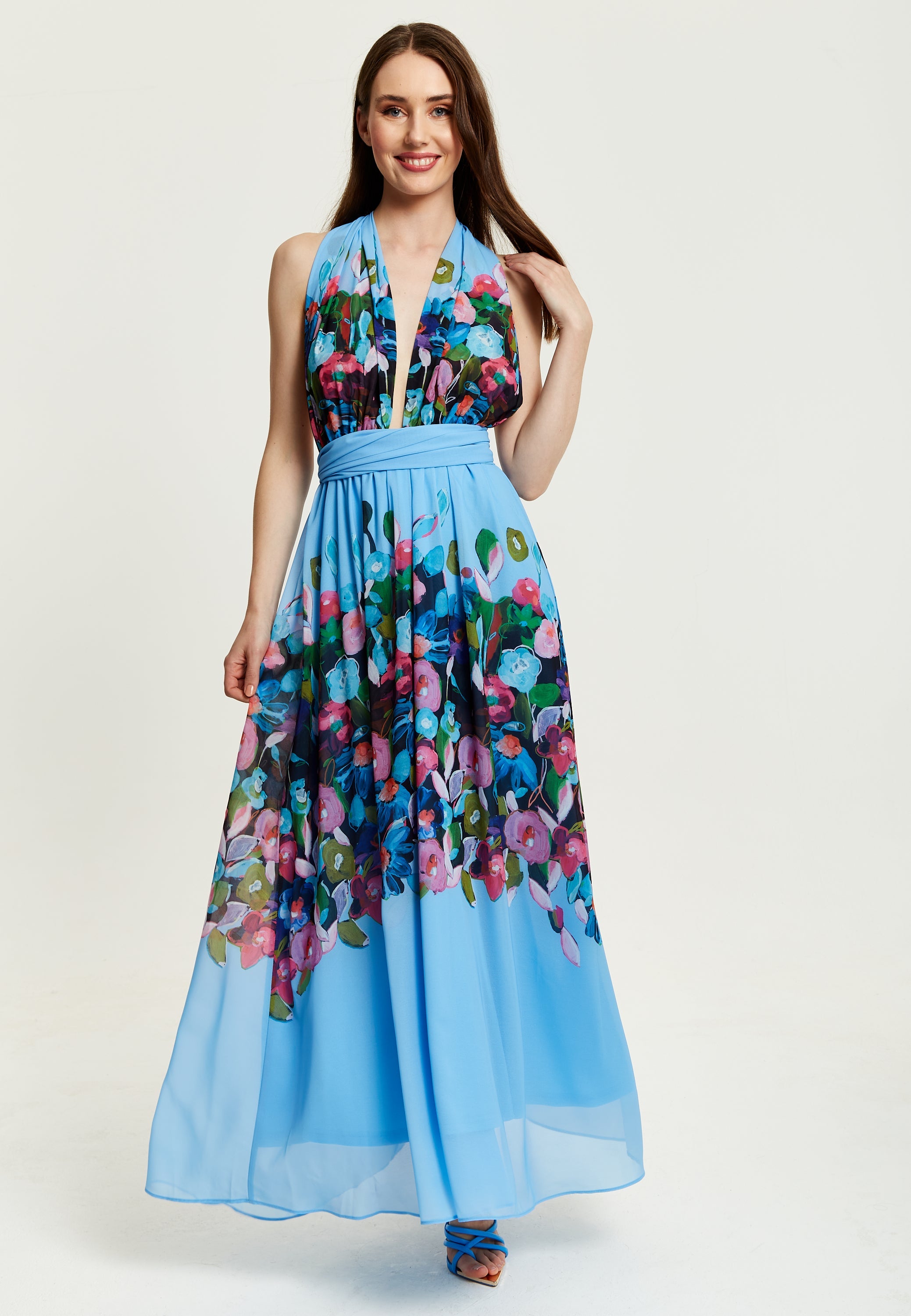Women’s Maxi Dress in Blue with Sleeveless Design and Deep V Neck - Liquorish