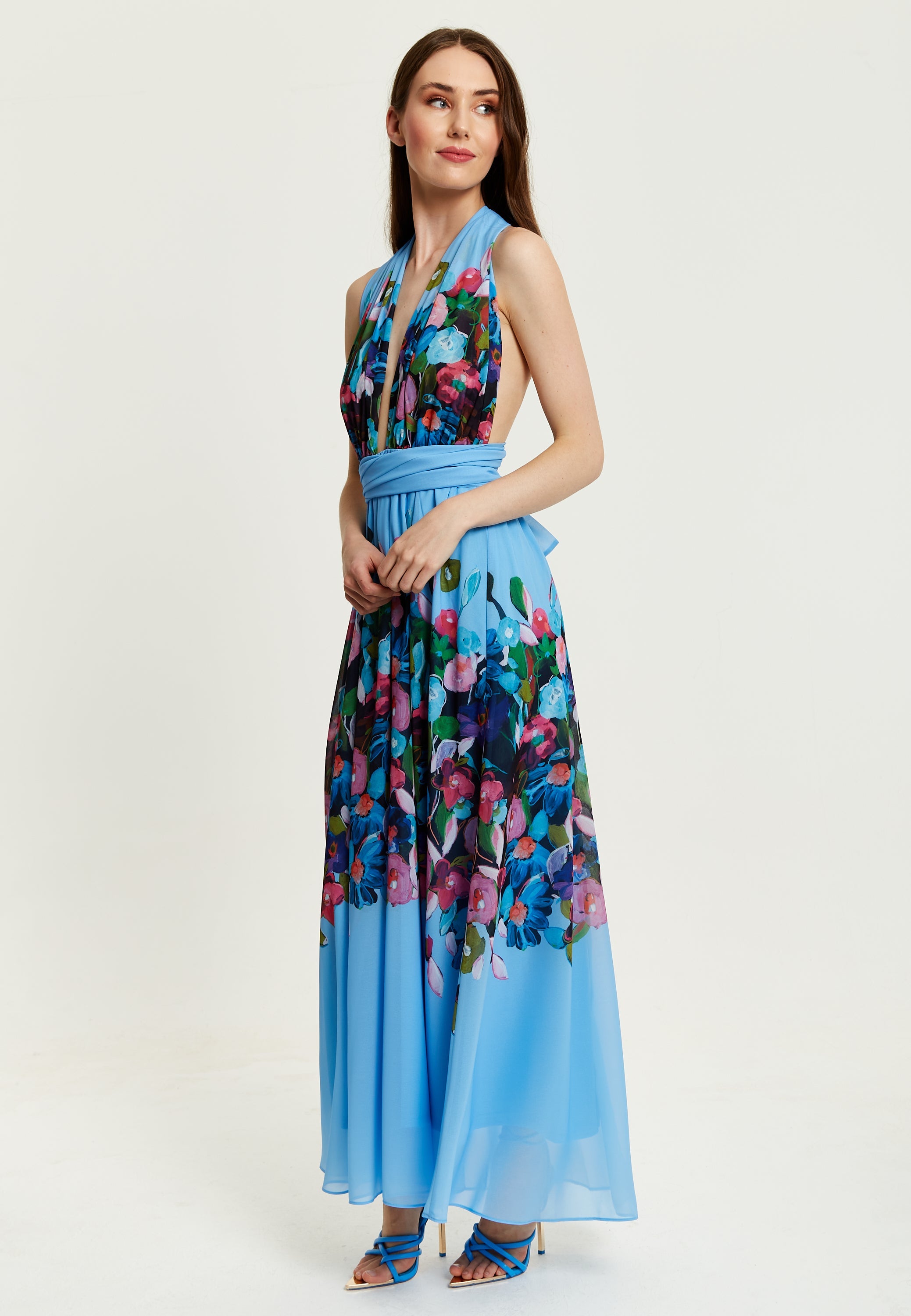 Women’s Maxi Dress in Blue with Sleeveless Design and Deep V Neck - Liquorish