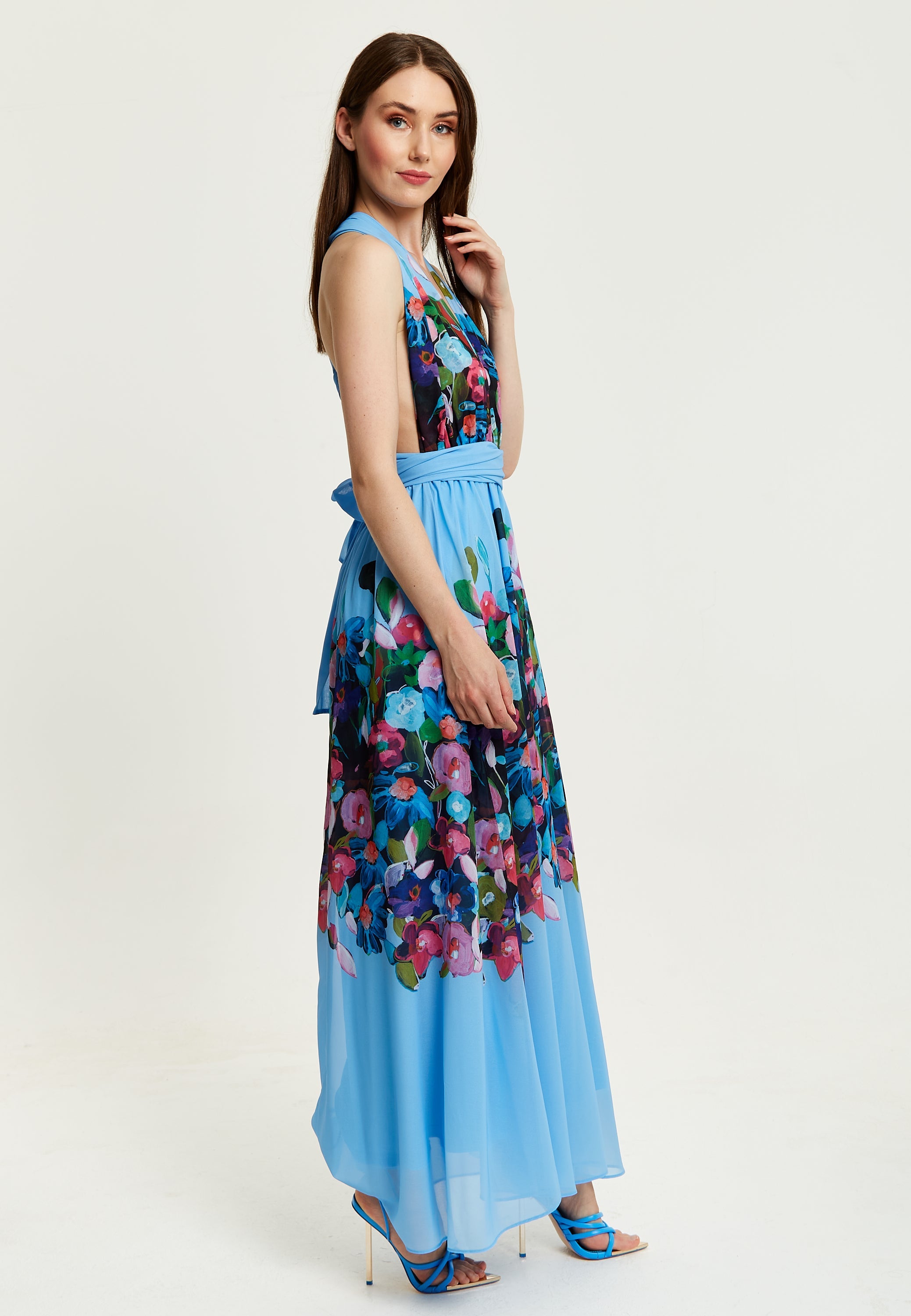 Women’s Maxi Dress in Blue with Sleeveless Design and Deep V Neck - Liquorish