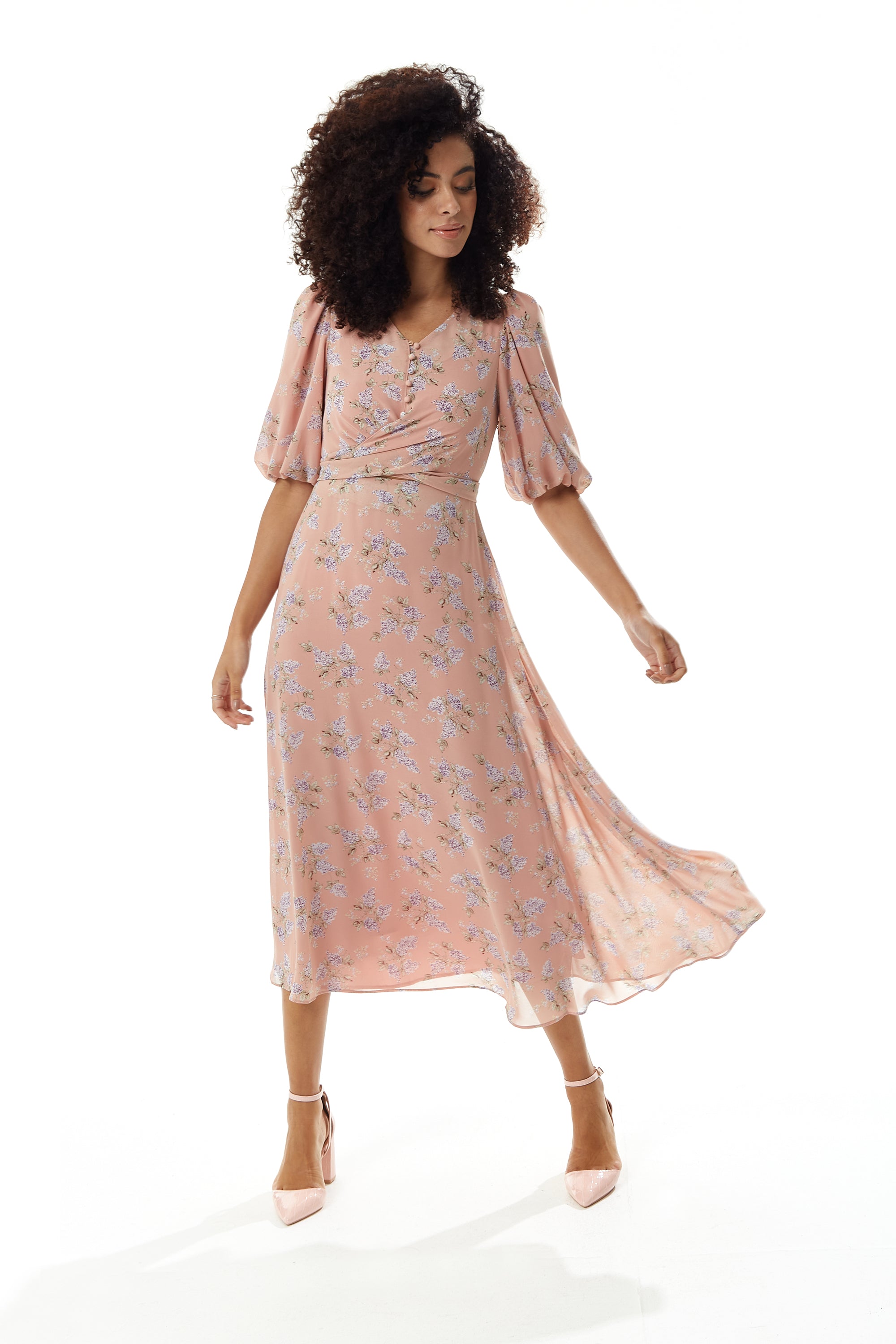 Women’s Midi Dress in Pink with Short Sleeves and Tie Waist - Floral Print by Liquorish