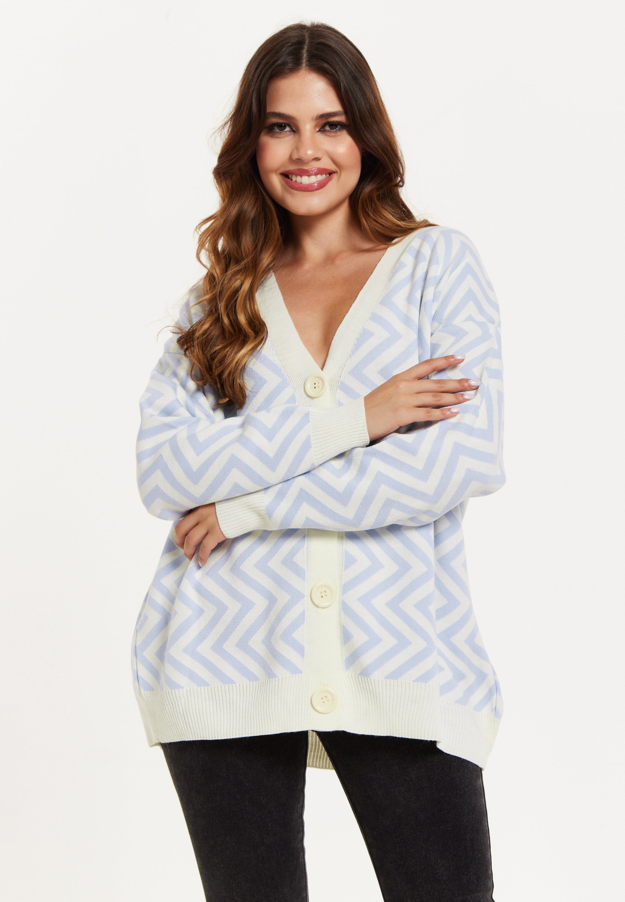Women's Cardigan Blue & White Zig Zag Pattern with Button Closure for Cozy Layering by Liquorish