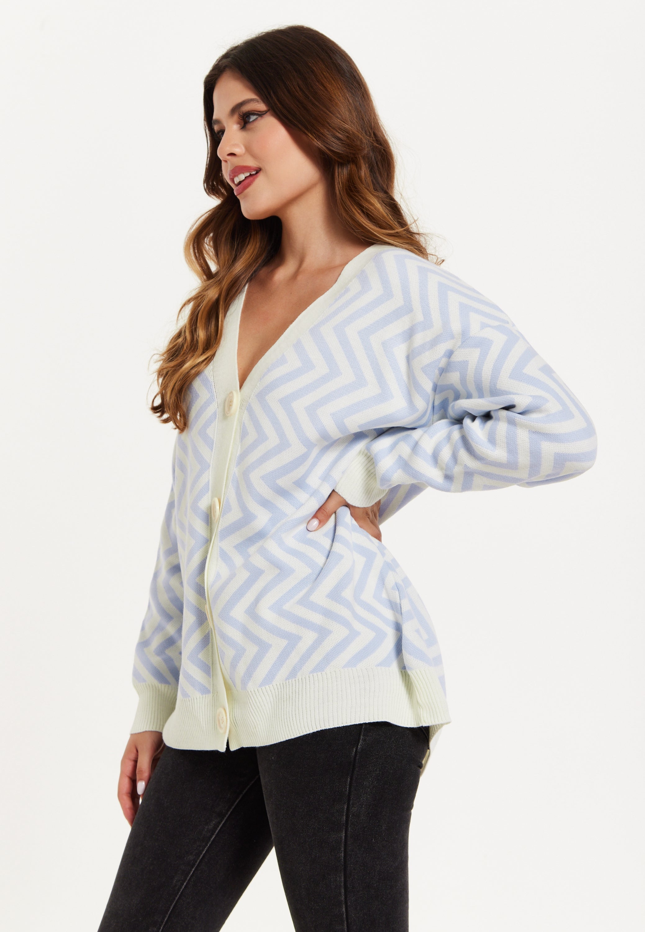 Women's Cardigan Blue & White Zig Zag Pattern with Button Closure for Cozy Layering by Liquorish