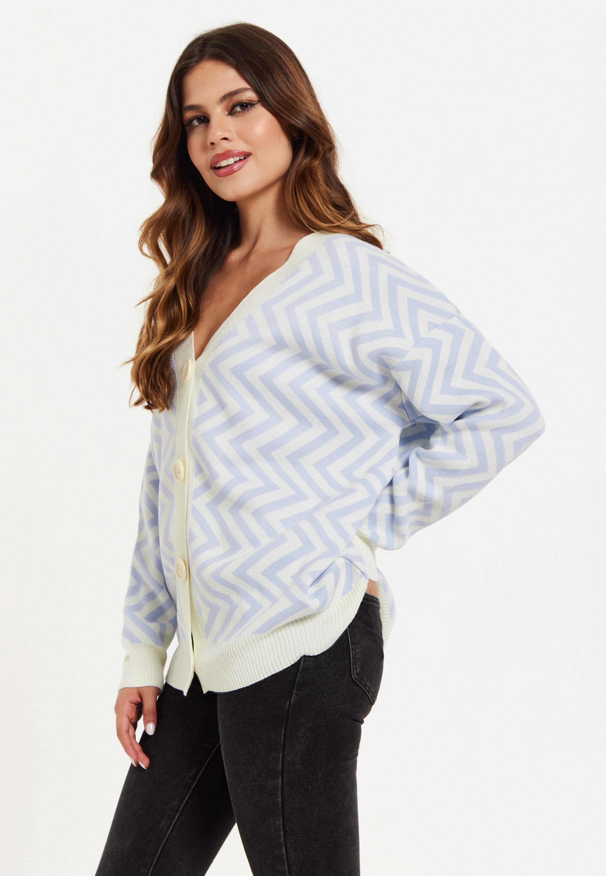 Women's Cardigan Blue & White Zig Zag Pattern with Button Closure for Cozy Layering by Liquorish