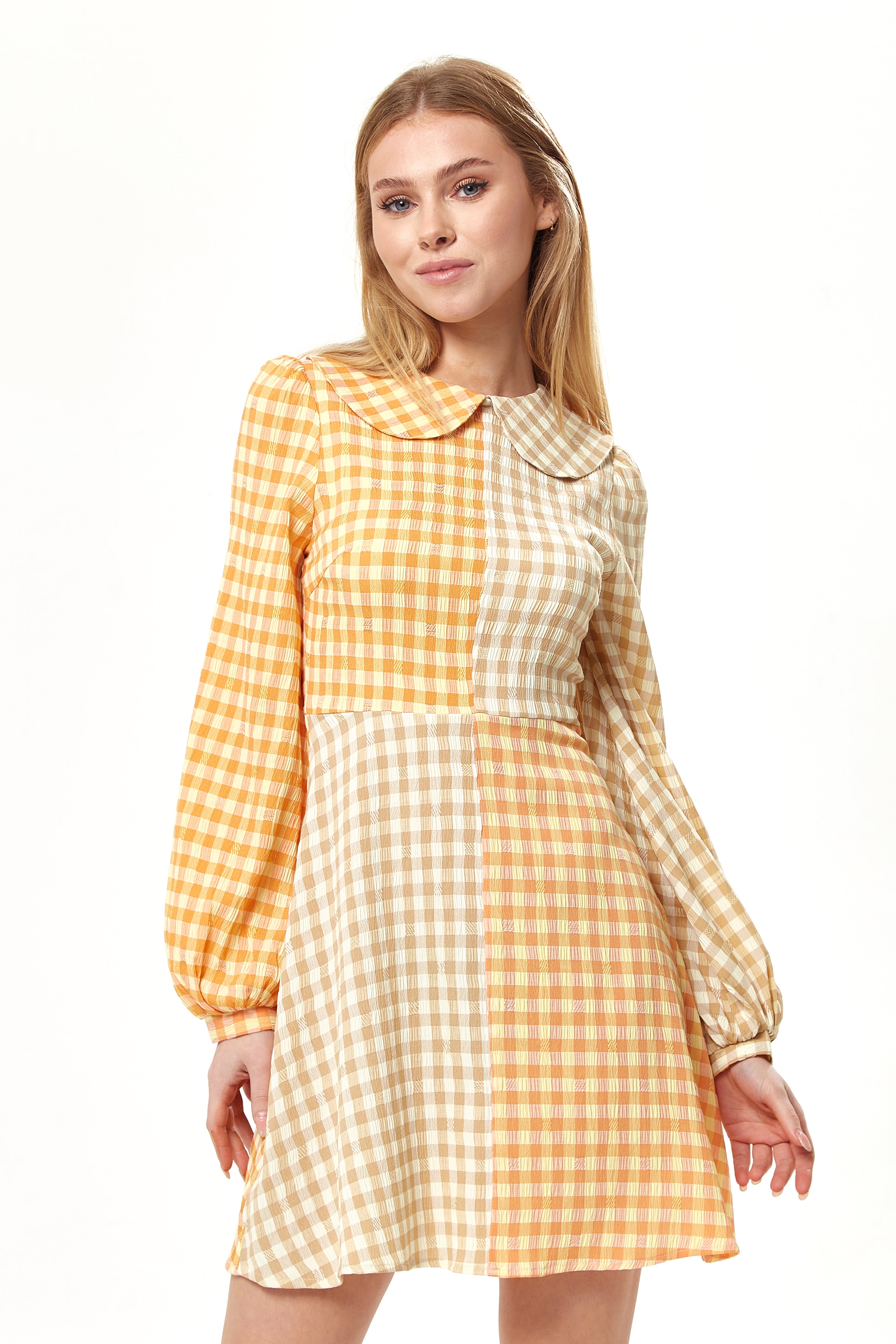Women's Mini Dress in Bold Orange Check with Long Sleeves and Classic Collar - Liquorish