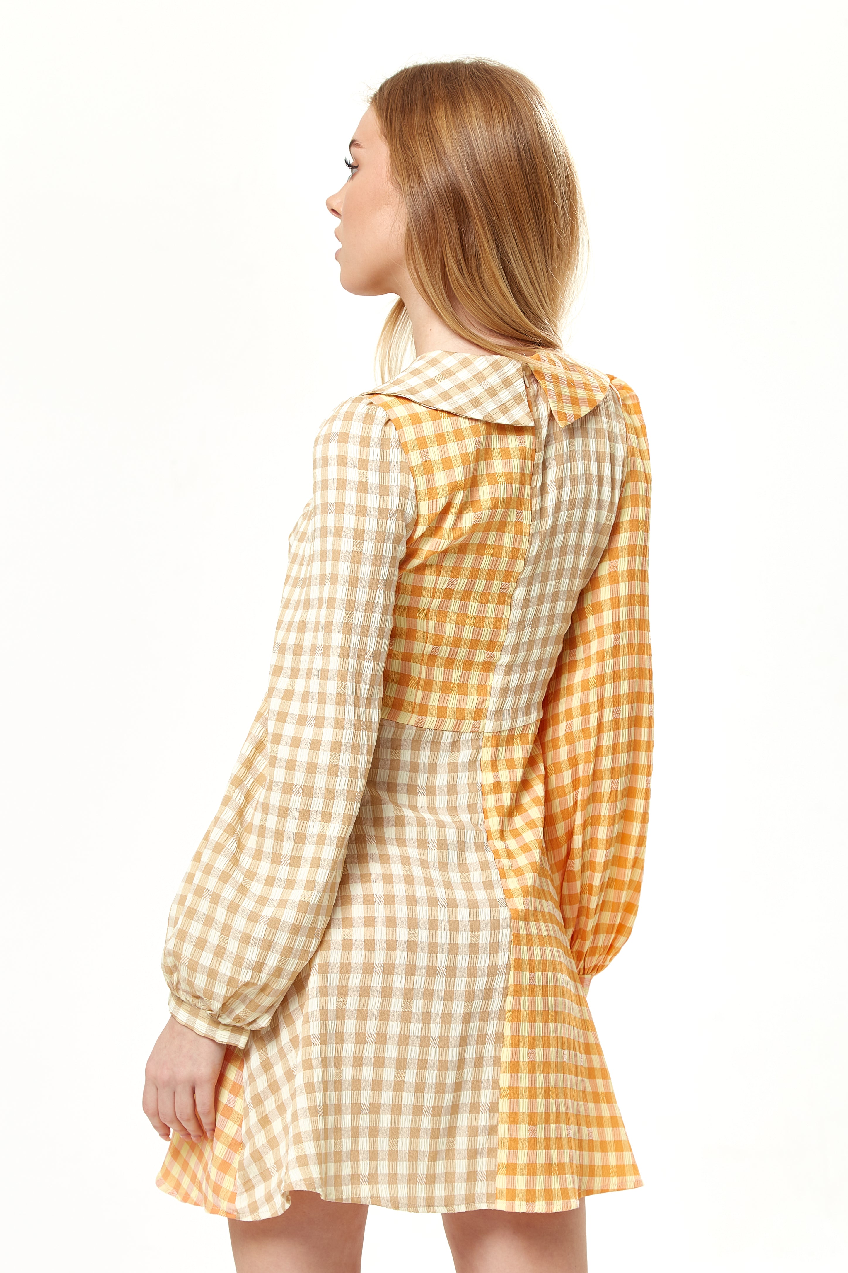 Women's Mini Dress in Bold Orange Check with Long Sleeves and Classic Collar - Liquorish