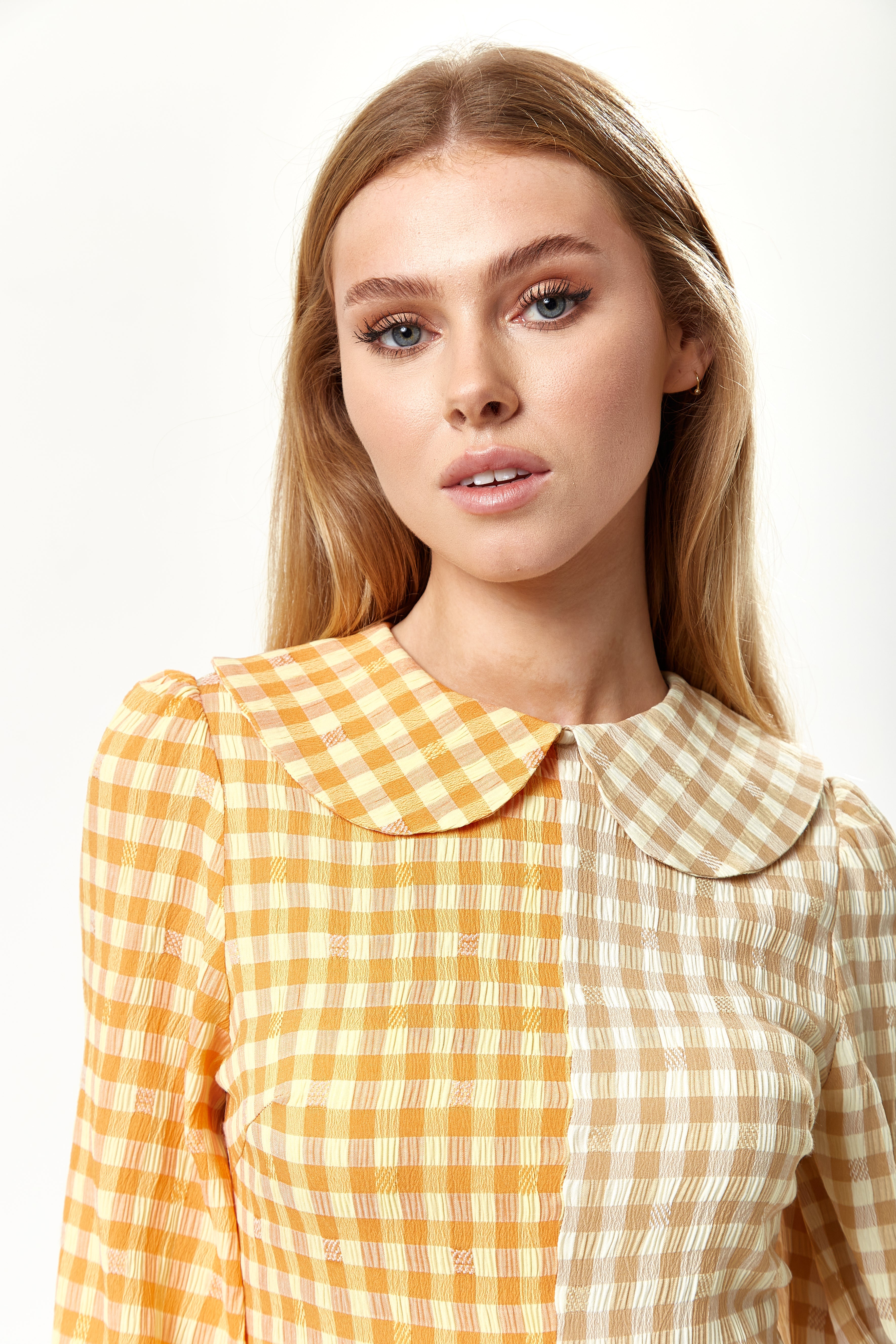 Women's Mini Dress in Bold Orange Check with Long Sleeves and Classic Collar - Liquorish