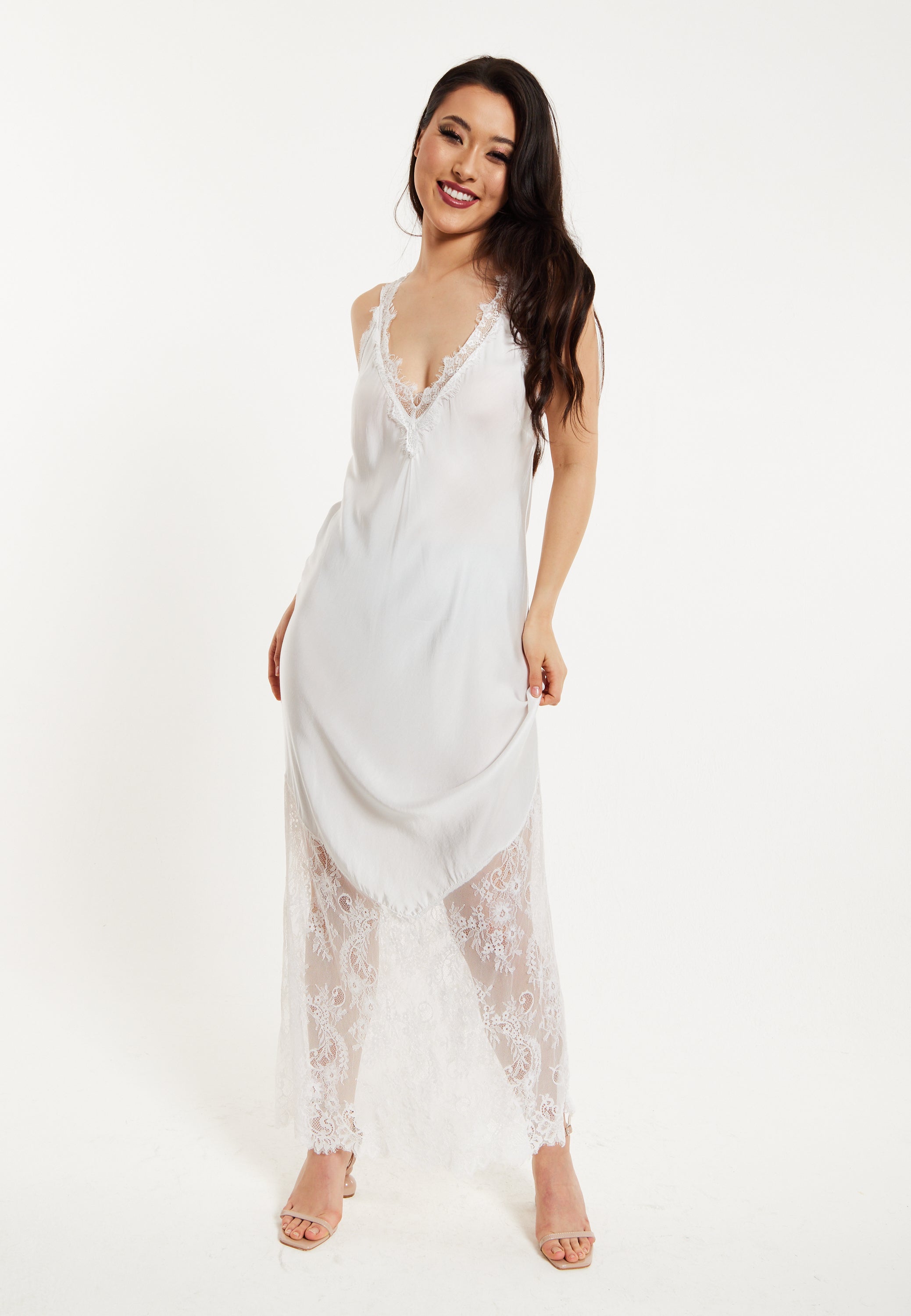 Women's Maxi Dress with Lace Detail, Deep V-Neck, Flowing Sleeves in White - Liquorish