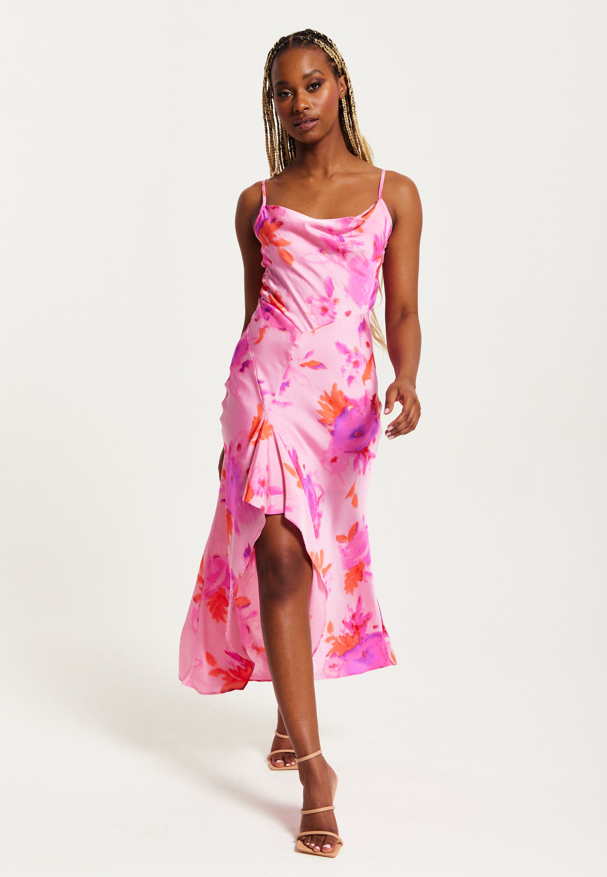 Women's Maxi Dress in Pink with Cowl Neck, Floral Print, Lace Detail, Front Slit, and Regular Fit by Liquorish