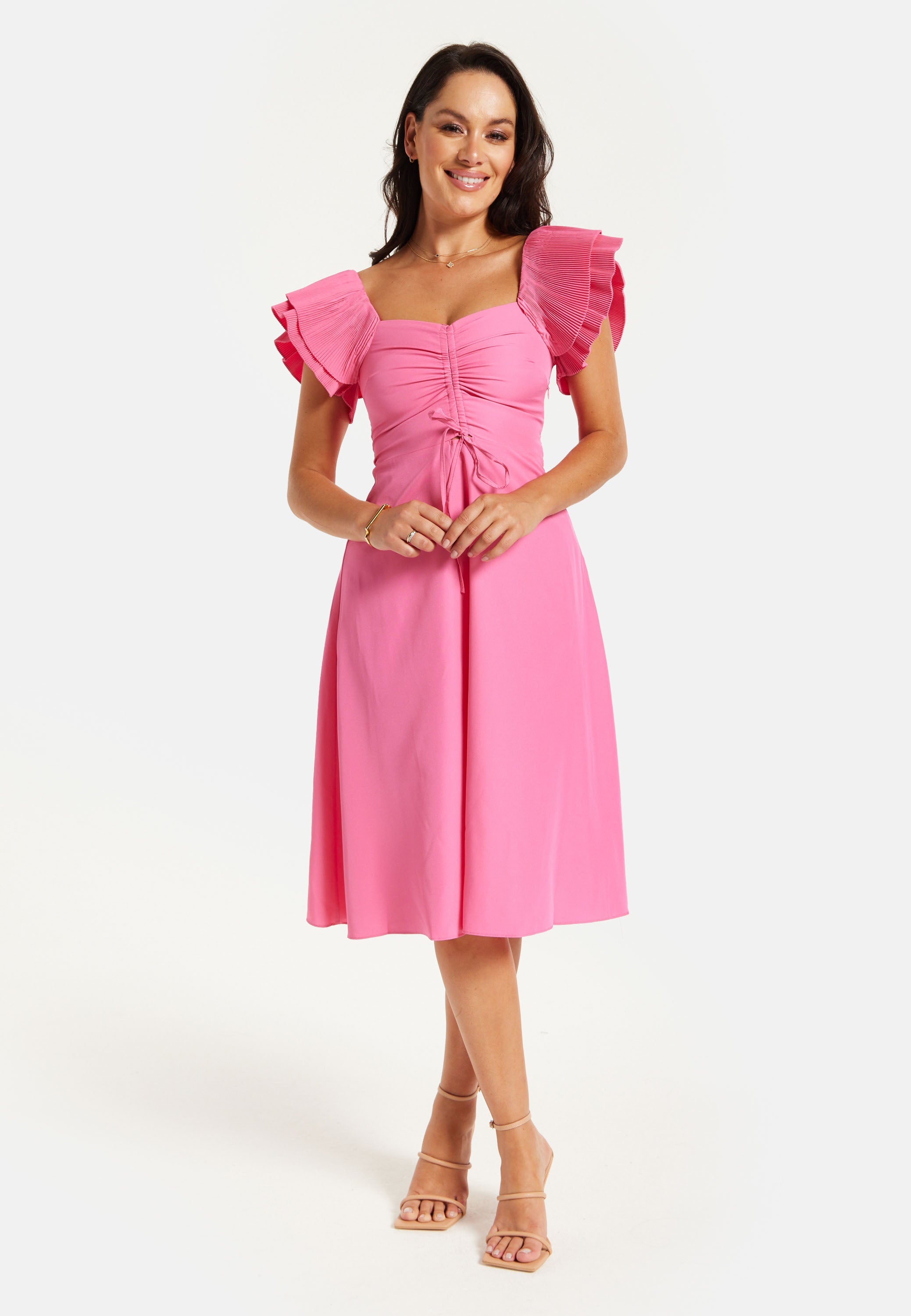 Women's Midi Dress with Frill Sleeves and Ruching Front in Pink - Regular Fit by Liquorish