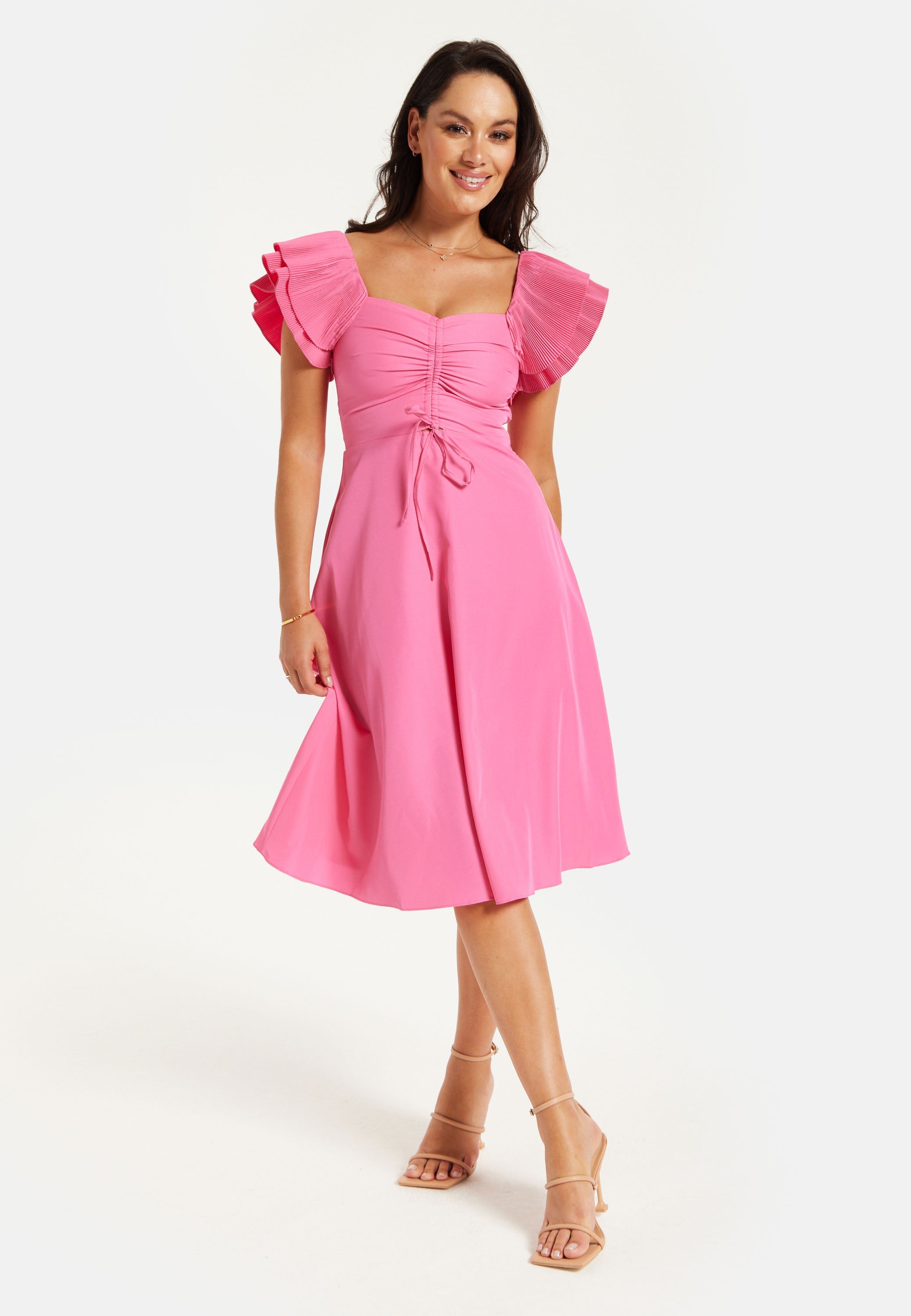 Women's Midi Dress with Frill Sleeves and Ruching Front in Pink - Regular Fit by Liquorish