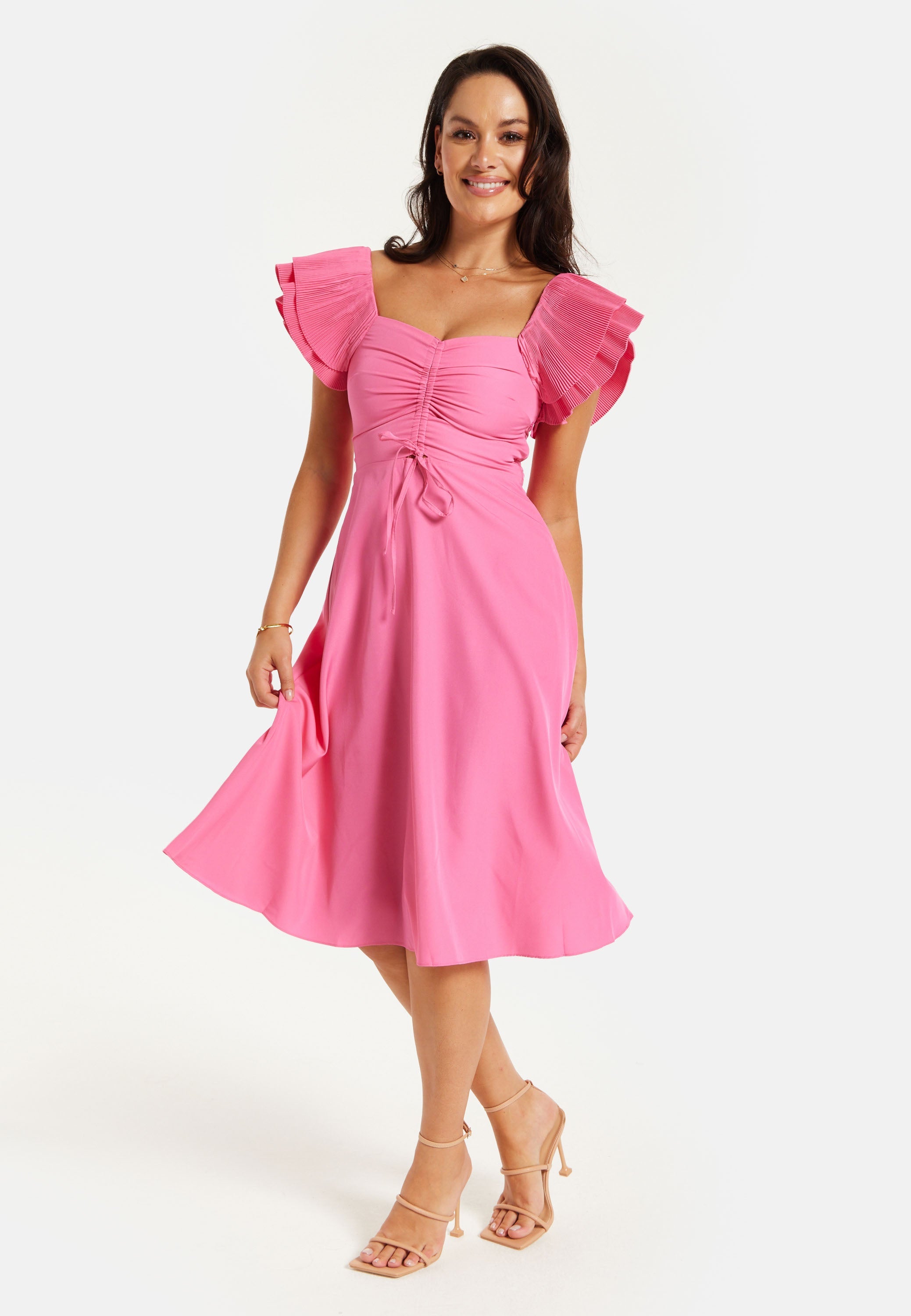 Women's Midi Dress with Frill Sleeves and Ruching Front in Pink - Regular Fit by Liquorish