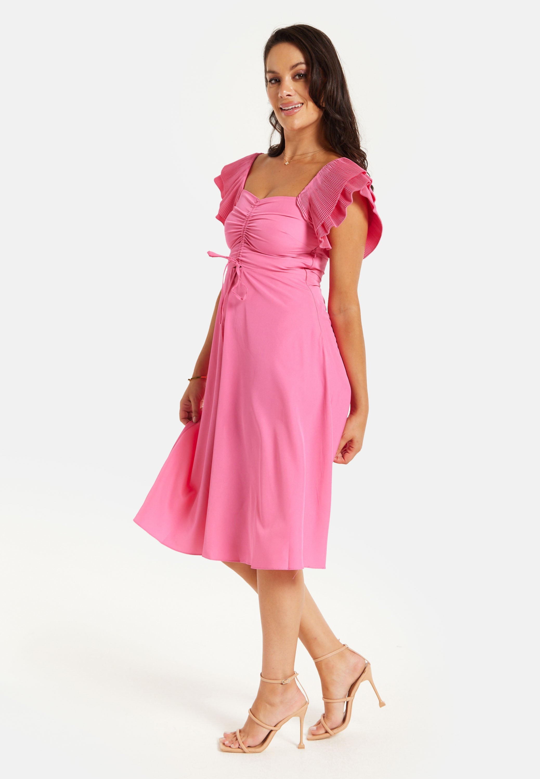 Women's Midi Dress with Frill Sleeves and Ruching Front in Pink - Regular Fit by Liquorish