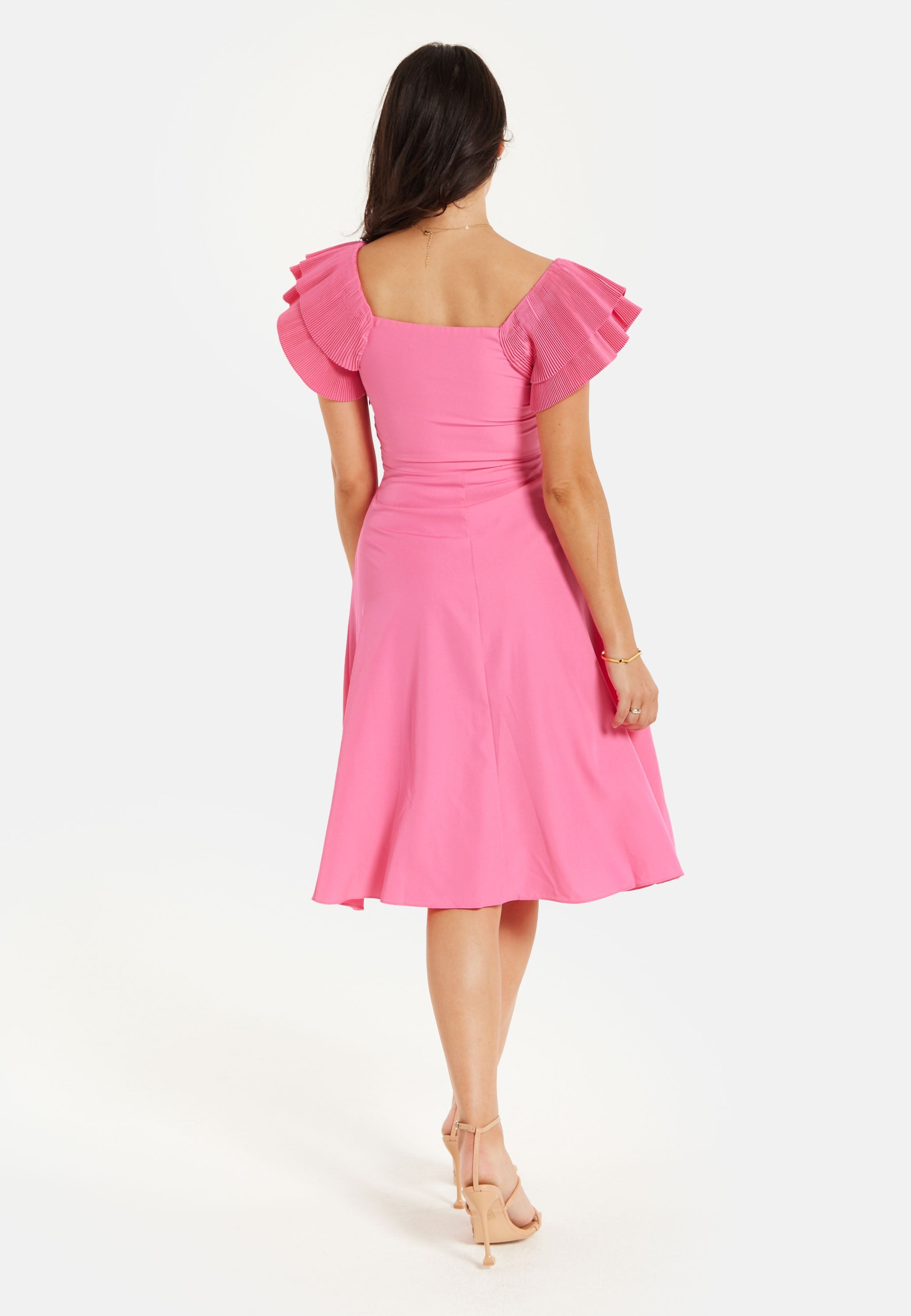 Women's Midi Dress with Frill Sleeves and Ruching Front in Pink - Regular Fit by Liquorish