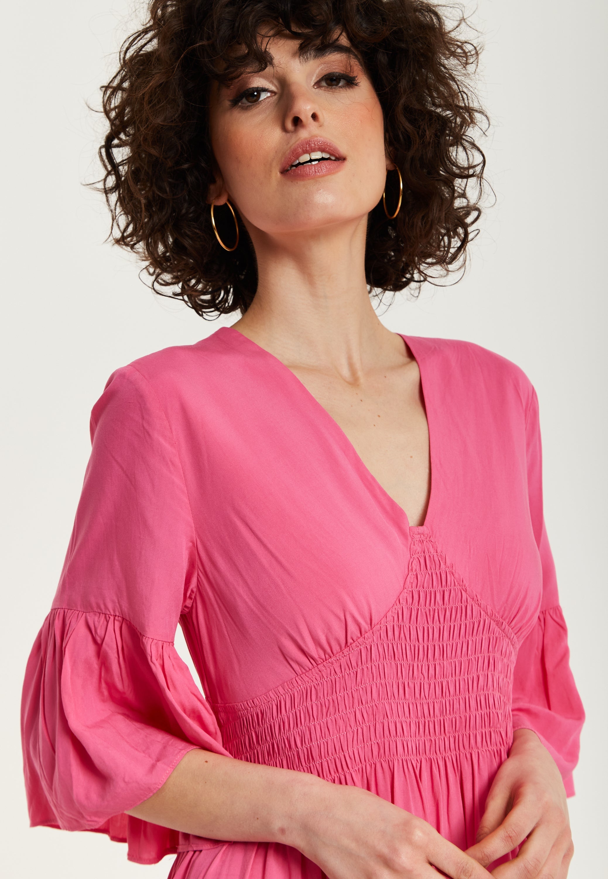 Women's Maxi Dress in Chic Pink with Frill Short Sleeves for Comfort and Style - Liquorish