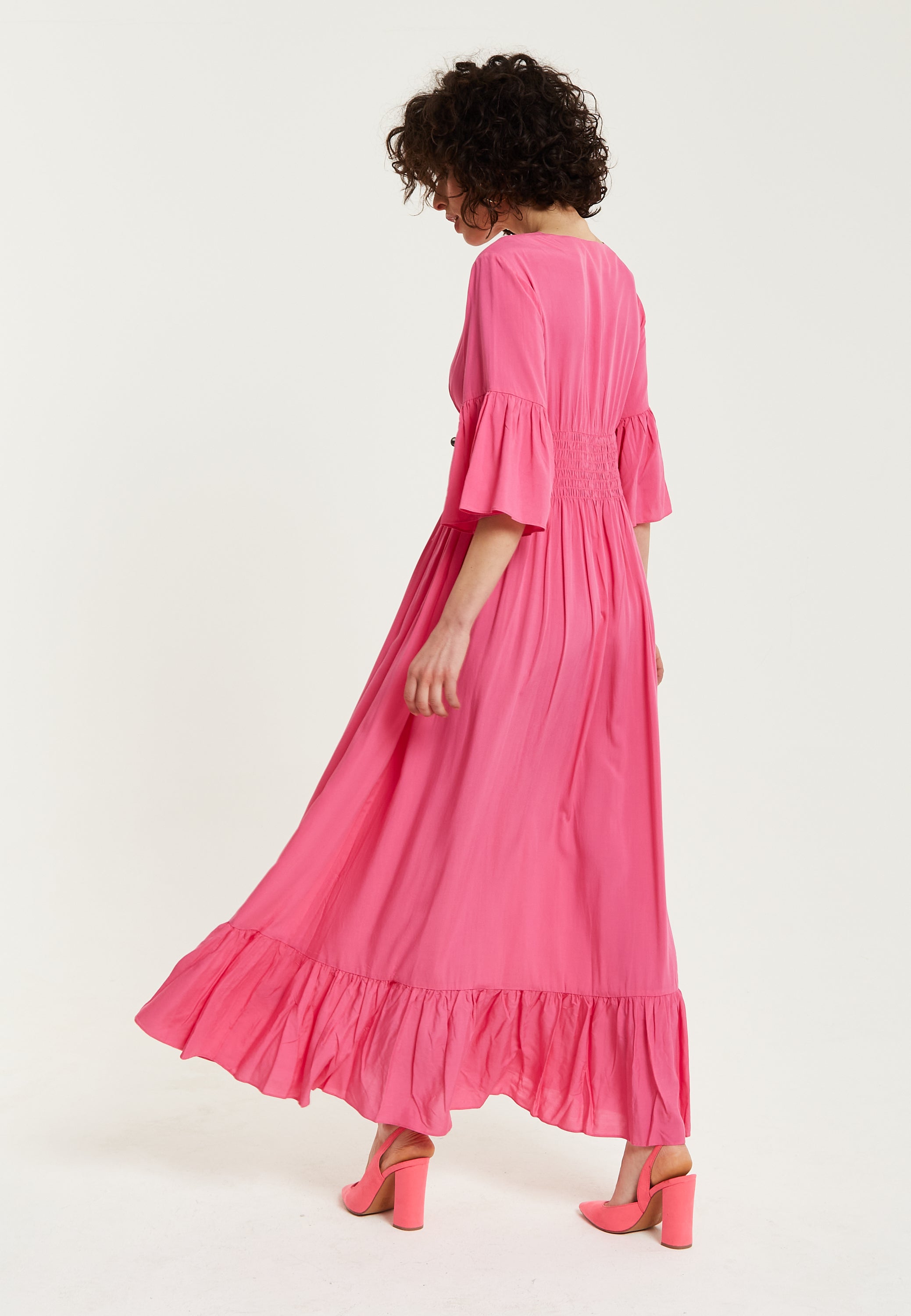 Women's Maxi Dress in Chic Pink with Frill Short Sleeves for Comfort and Style - Liquorish