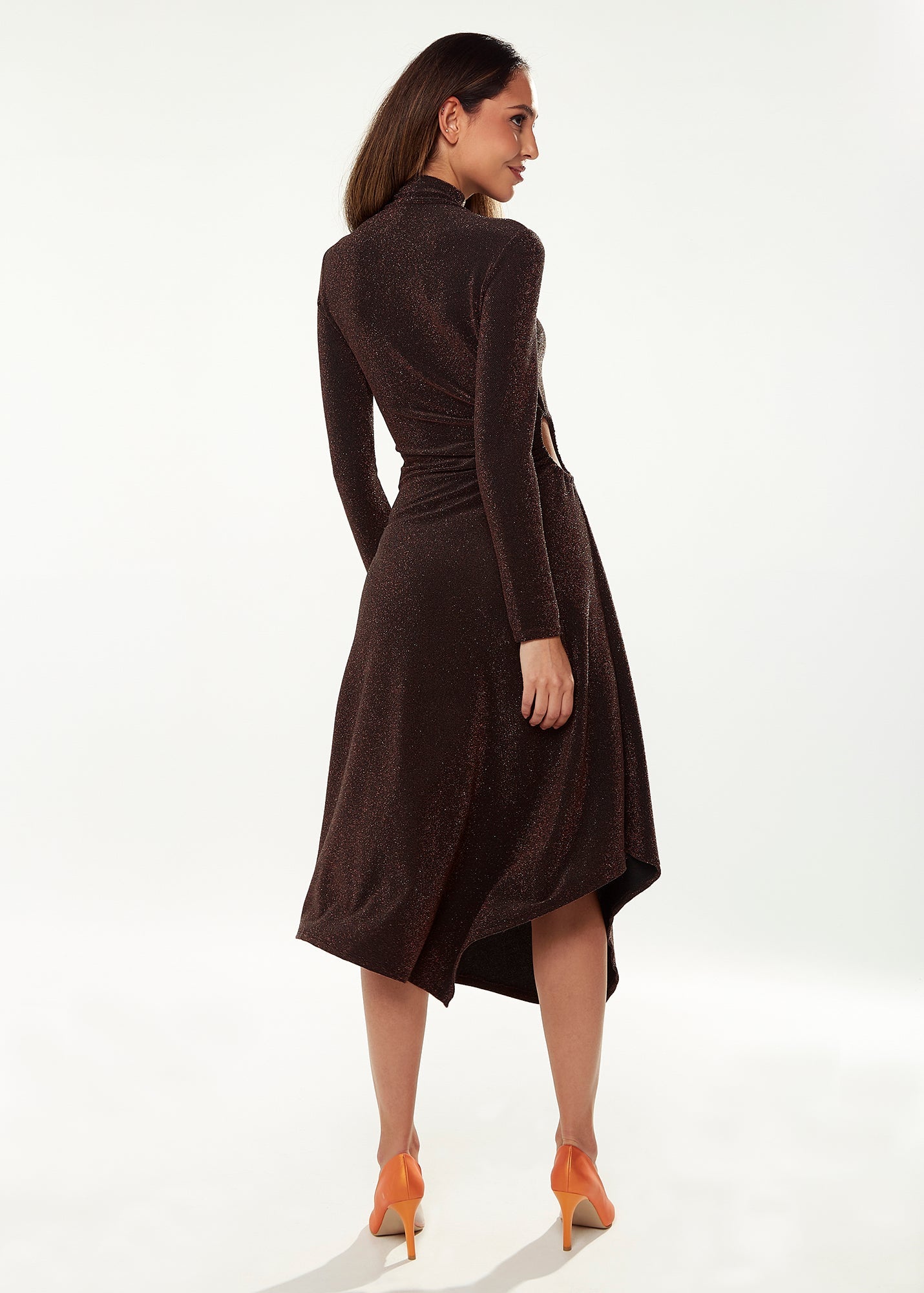 Women's Midi Dress with Long Sleeves in Sparkly Bronze - Exclusive Liquorish