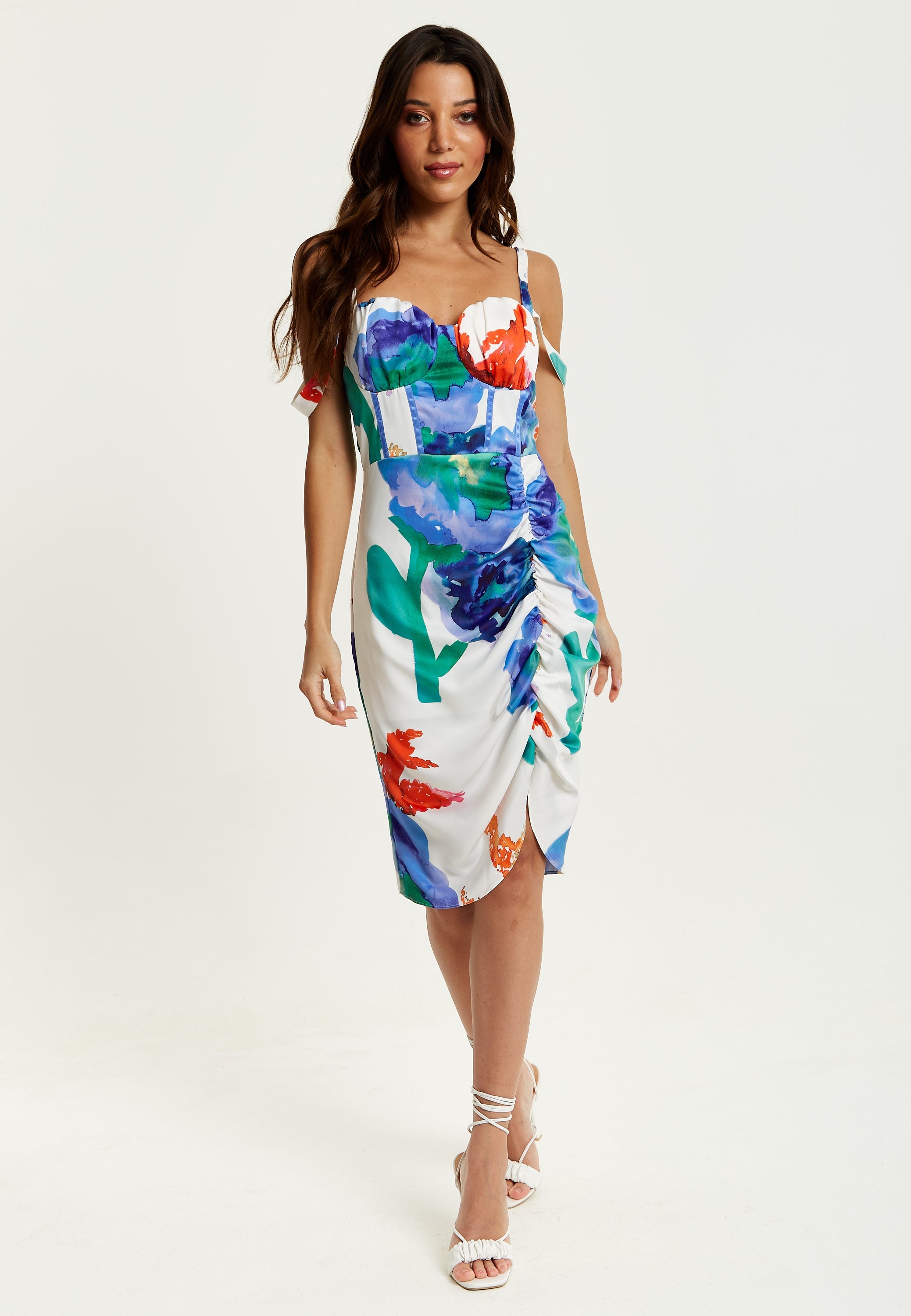 Women's Mini Dress in White with Floral Print, Ruched Front, Sleeveless Design - Liquorish