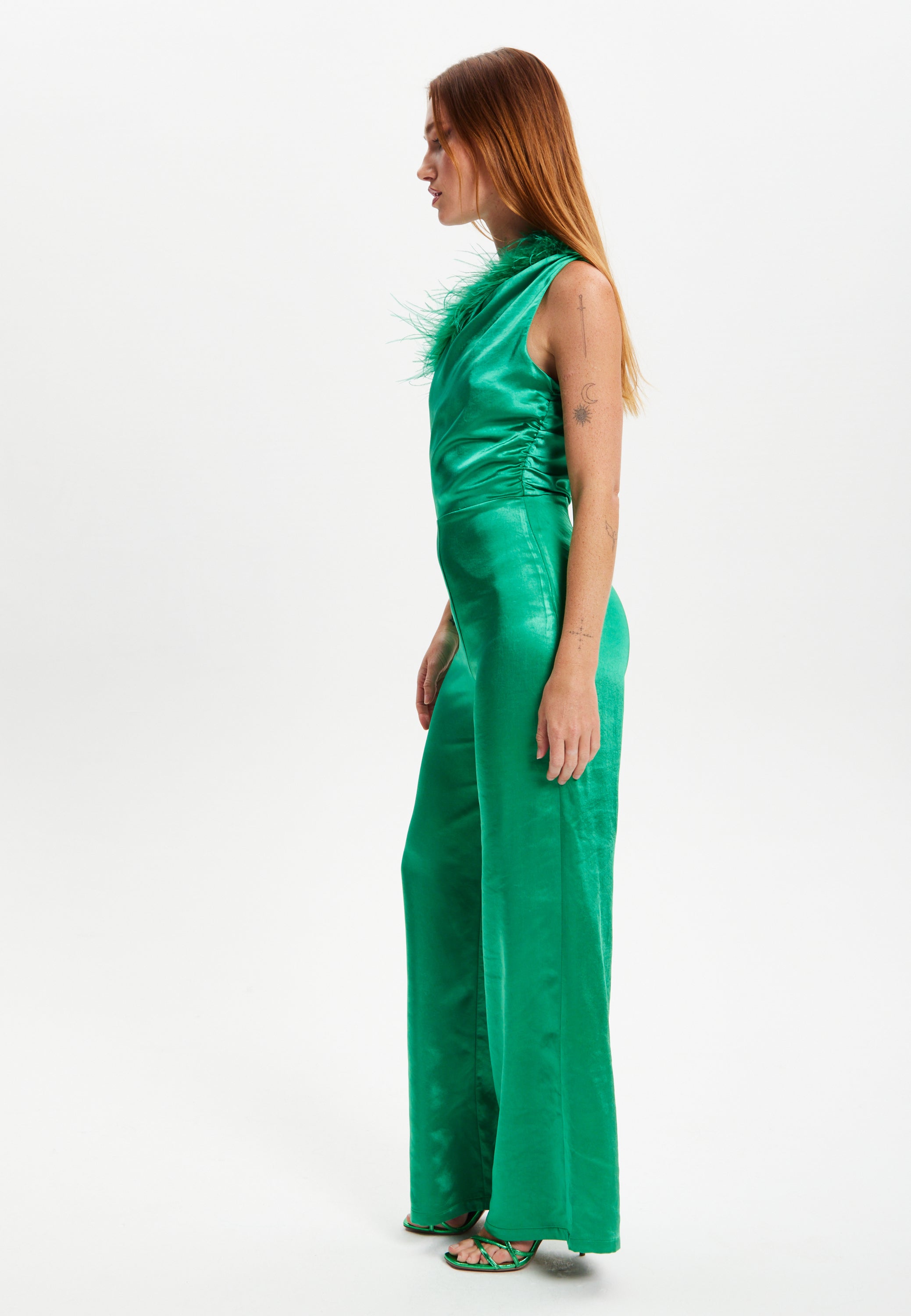 Women's Jumpsuit in Green - One Shoulder with Fur Detail, Ruched Bodice, Slim Fit, by Liquorish