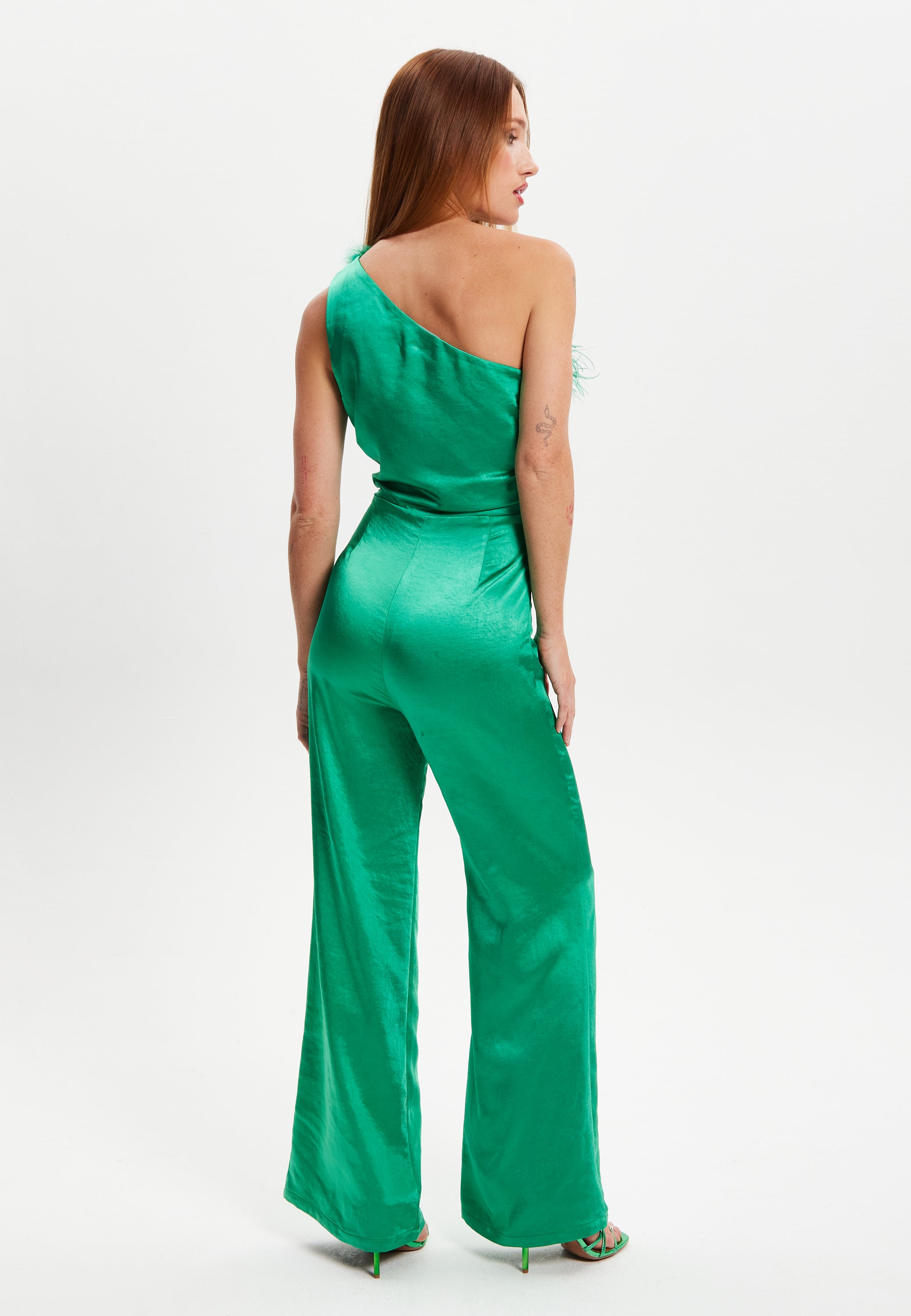 Women's Jumpsuit in Green - One Shoulder with Fur Detail, Ruched Bodice, Slim Fit, by Liquorish