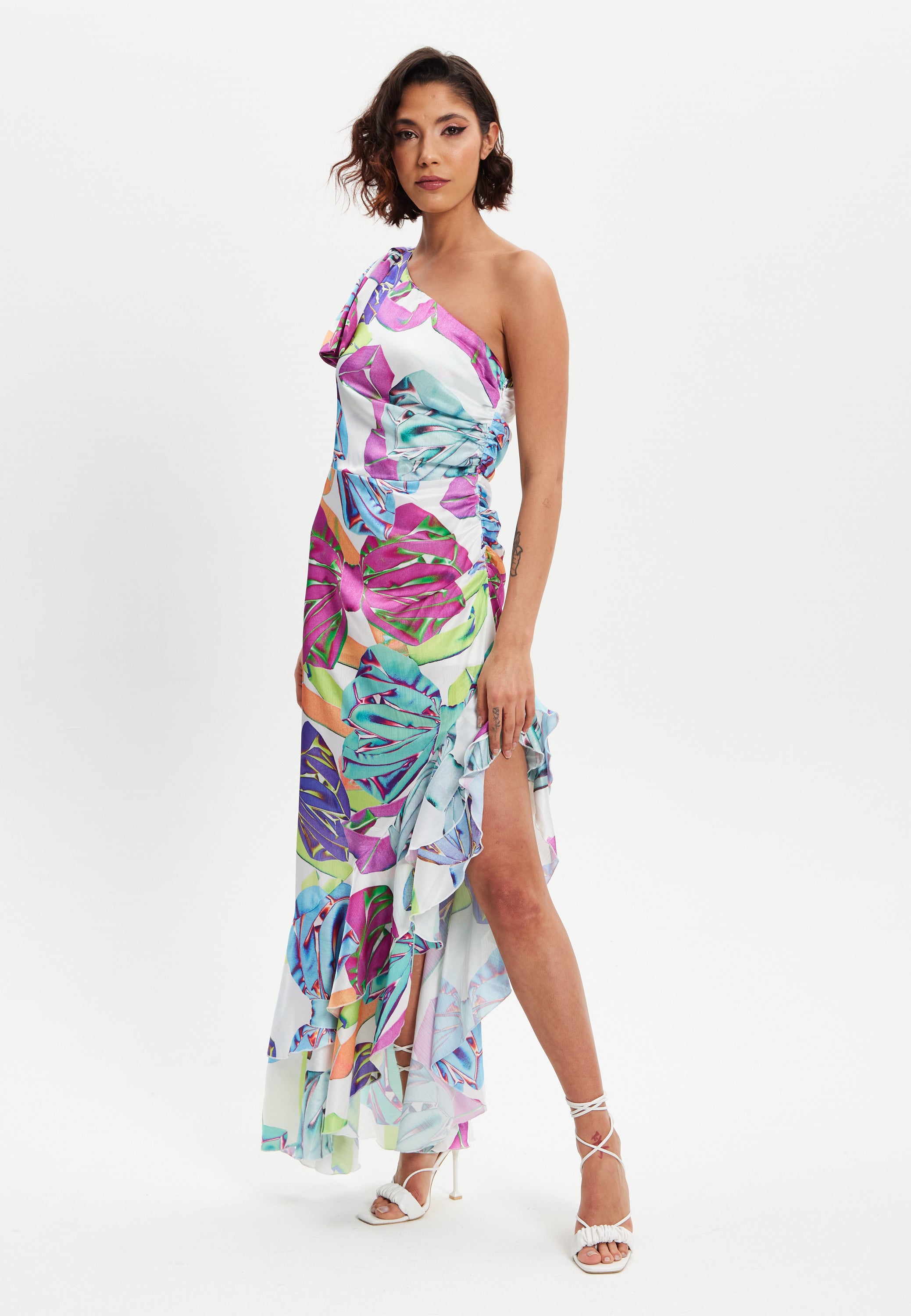 Women’s Midi Dress with One Shoulder Frill and Bow Print, Asymmetric Length, Slim Fit Design