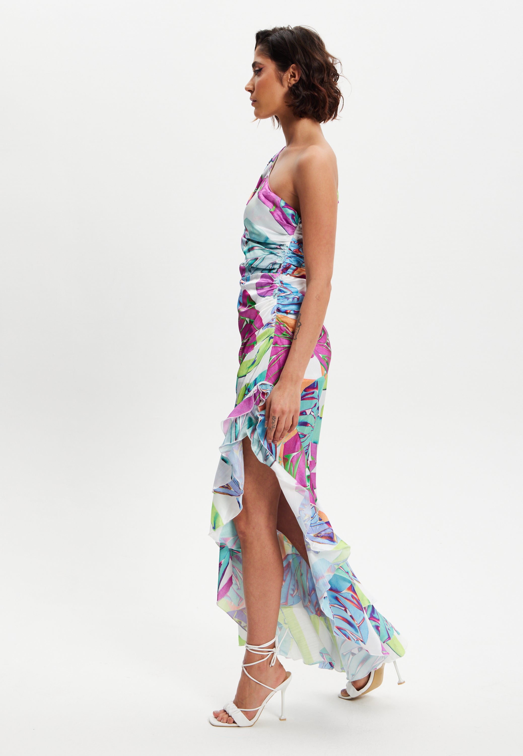 Women’s Midi Dress with One Shoulder Frill and Bow Print, Asymmetric Length, Slim Fit Design