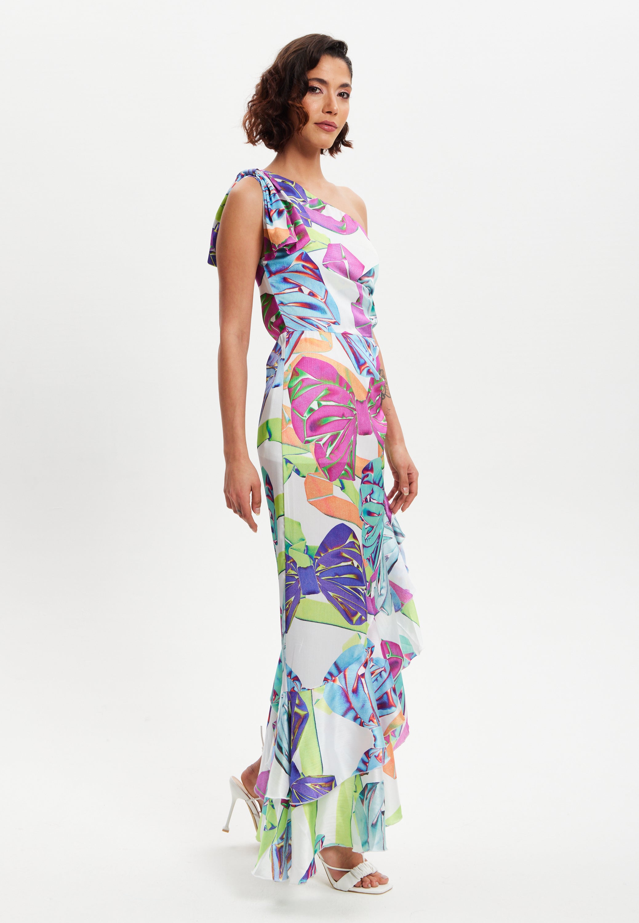 Women’s Midi Dress with One Shoulder Frill and Bow Print, Asymmetric Length, Slim Fit Design