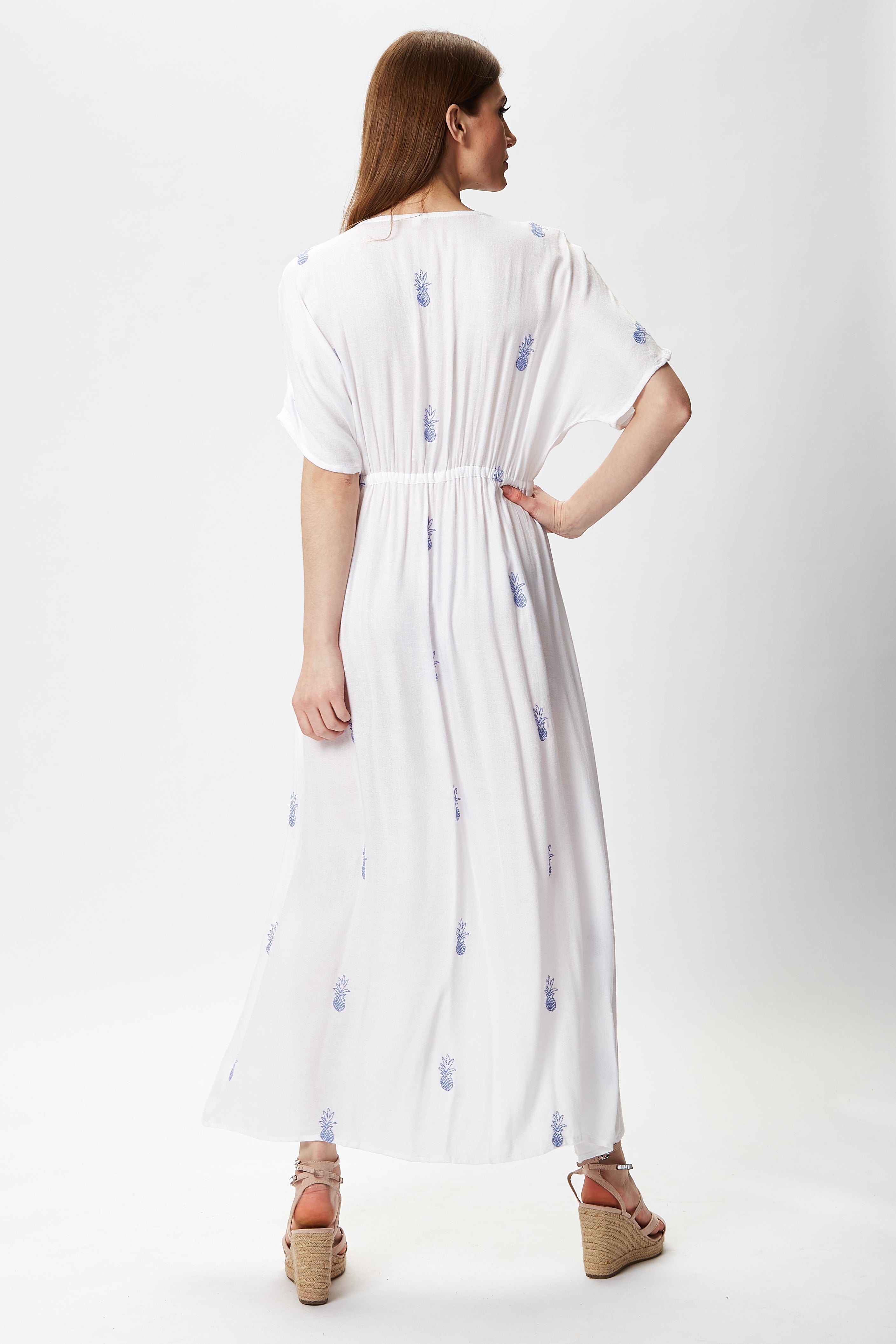 Women's Maxi Dress with Short Sleeves, Blue Pineapple Embroidery in White - Liquorish