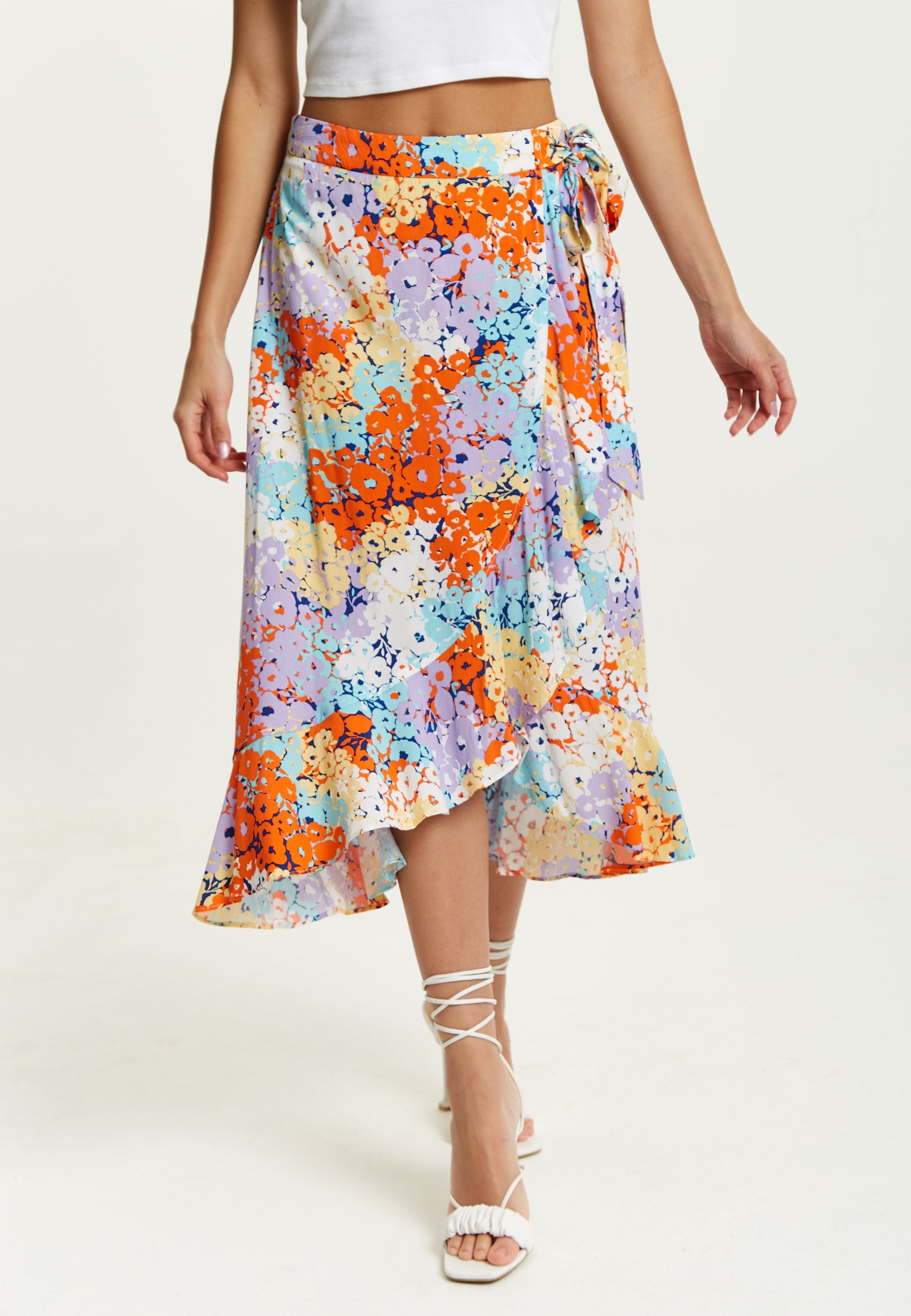 Women's Multicolour Floral Print Midi Wrap Skirt with Frill Details and Asymmetrical Hem by Liquorish
