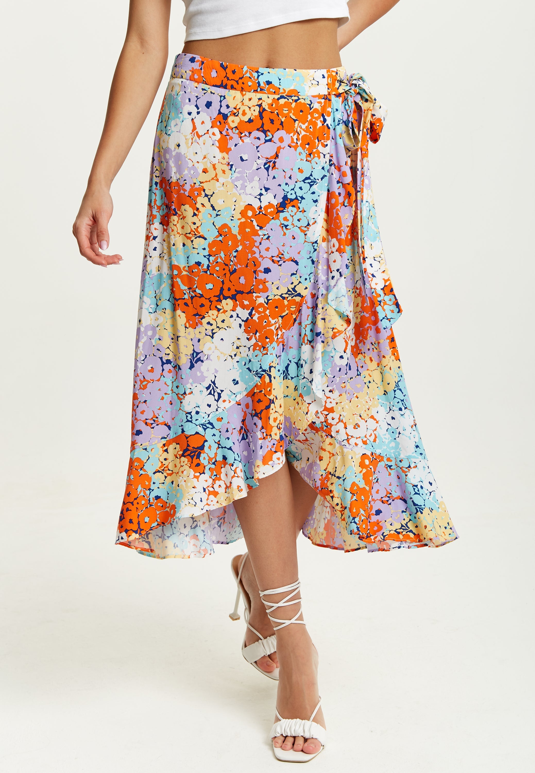 Women's Multicolour Floral Print Midi Wrap Skirt with Frill Details and Asymmetrical Hem by Liquorish