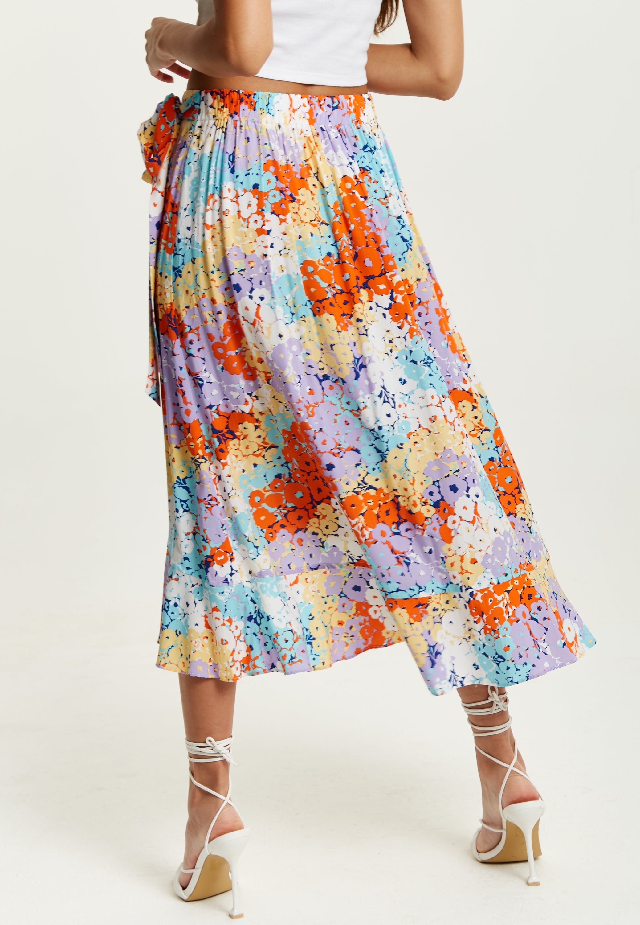 Women's Multicolour Floral Print Midi Wrap Skirt with Frill Details and Asymmetrical Hem by Liquorish