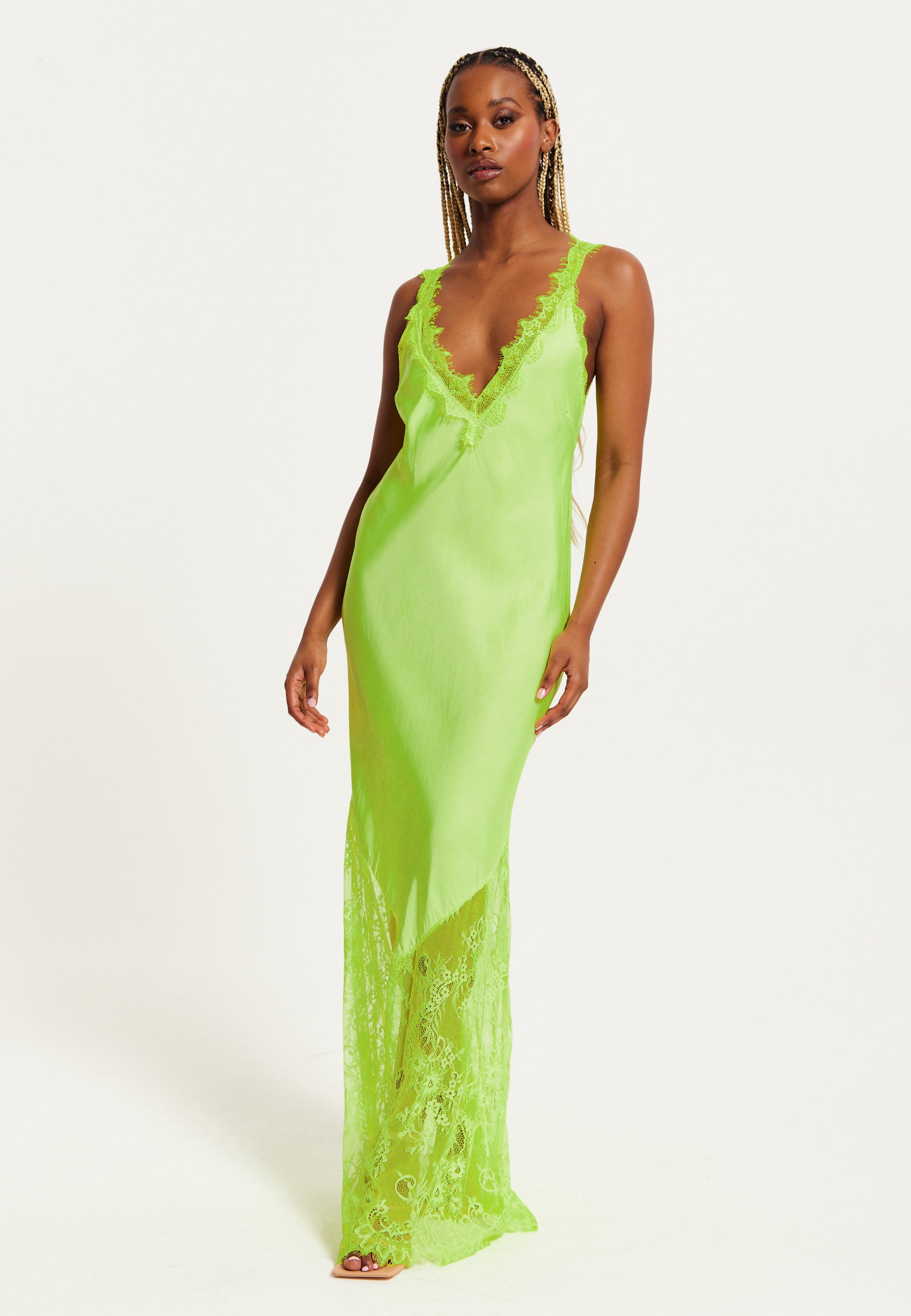 Women's Maxi Dress in Bright Yellow with Lace Detail, Deep V-Neck, and Sleeveless Design - Liquorish