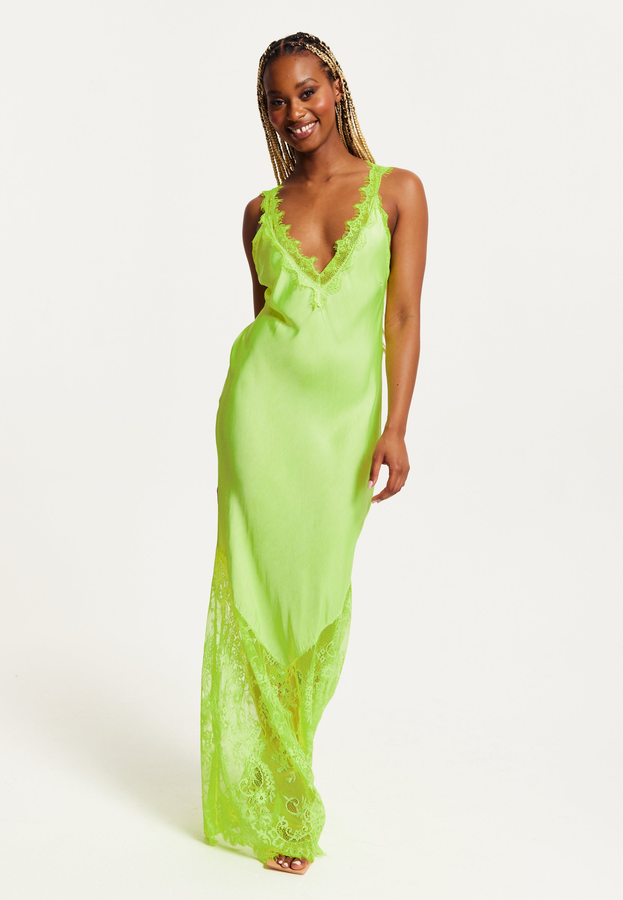 Women's Maxi Dress in Bright Yellow with Lace Detail, Deep V-Neck, and Sleeveless Design - Liquorish