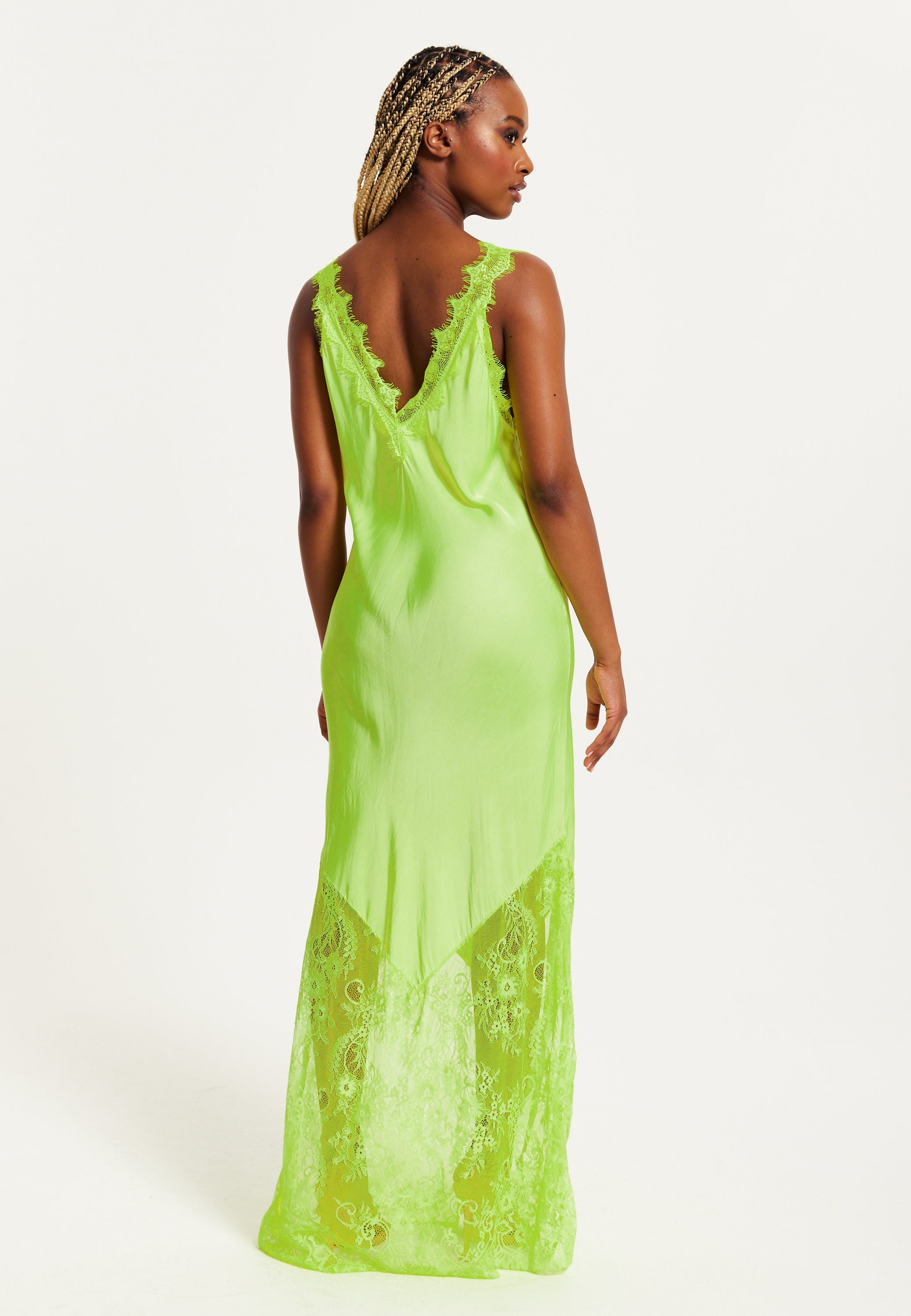 Women's Maxi Dress in Bright Yellow with Lace Detail, Deep V-Neck, and Sleeveless Design - Liquorish