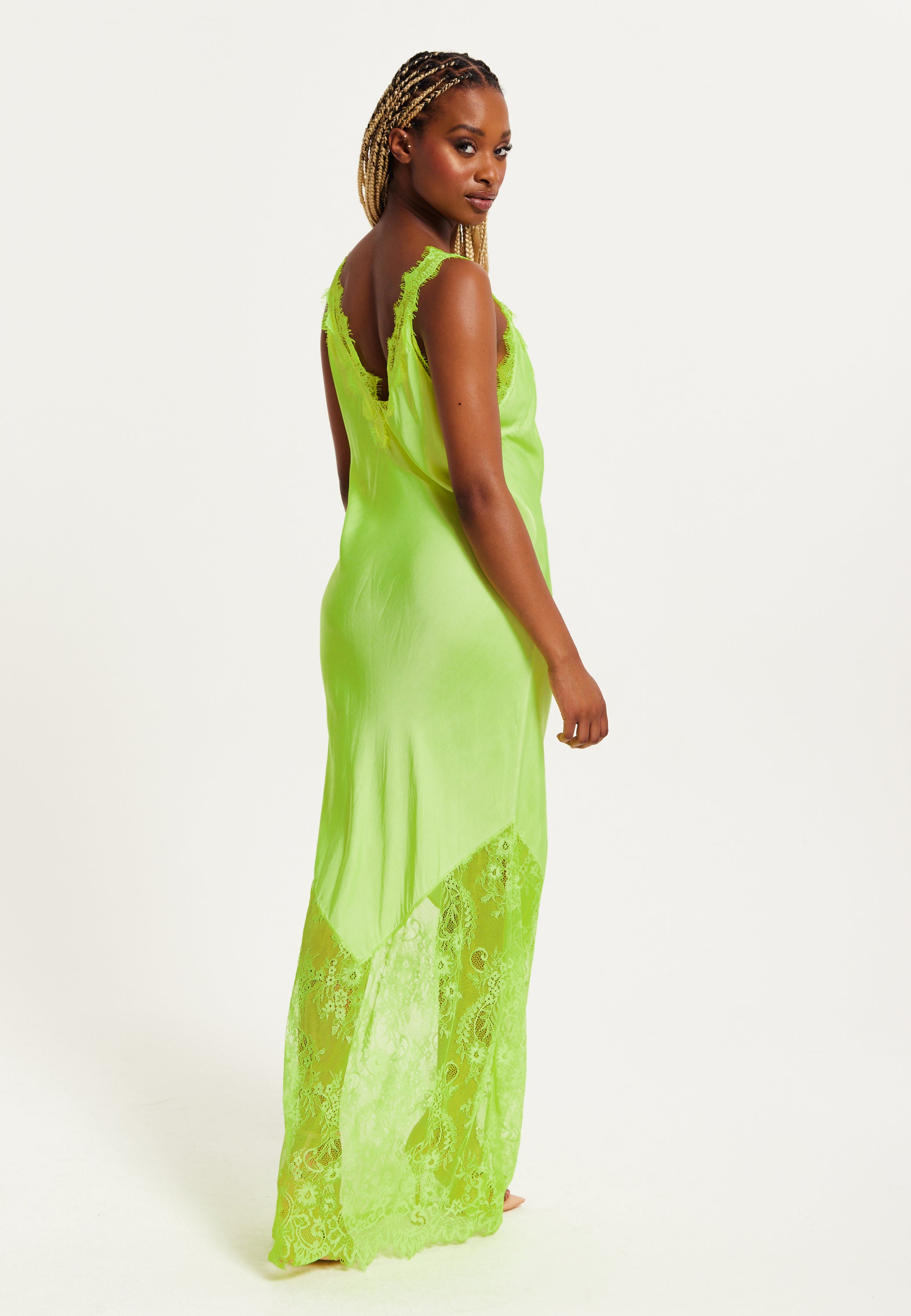 Women's Maxi Dress in Bright Yellow with Lace Detail, Deep V-Neck, and Sleeveless Design - Liquorish