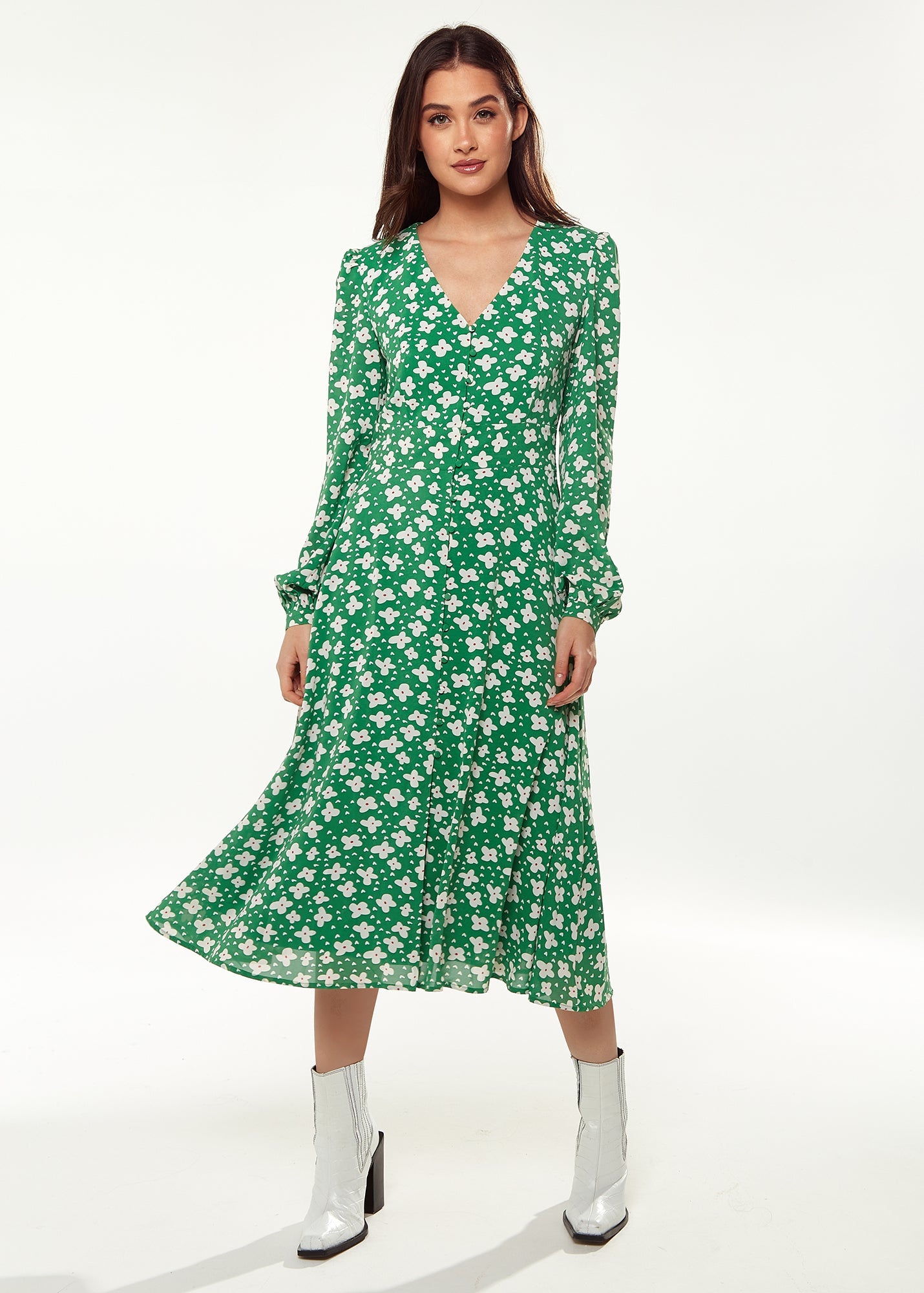 Women's Midi Dress with Long Sleeves in Green - Floral & Heart Print by Liquorish