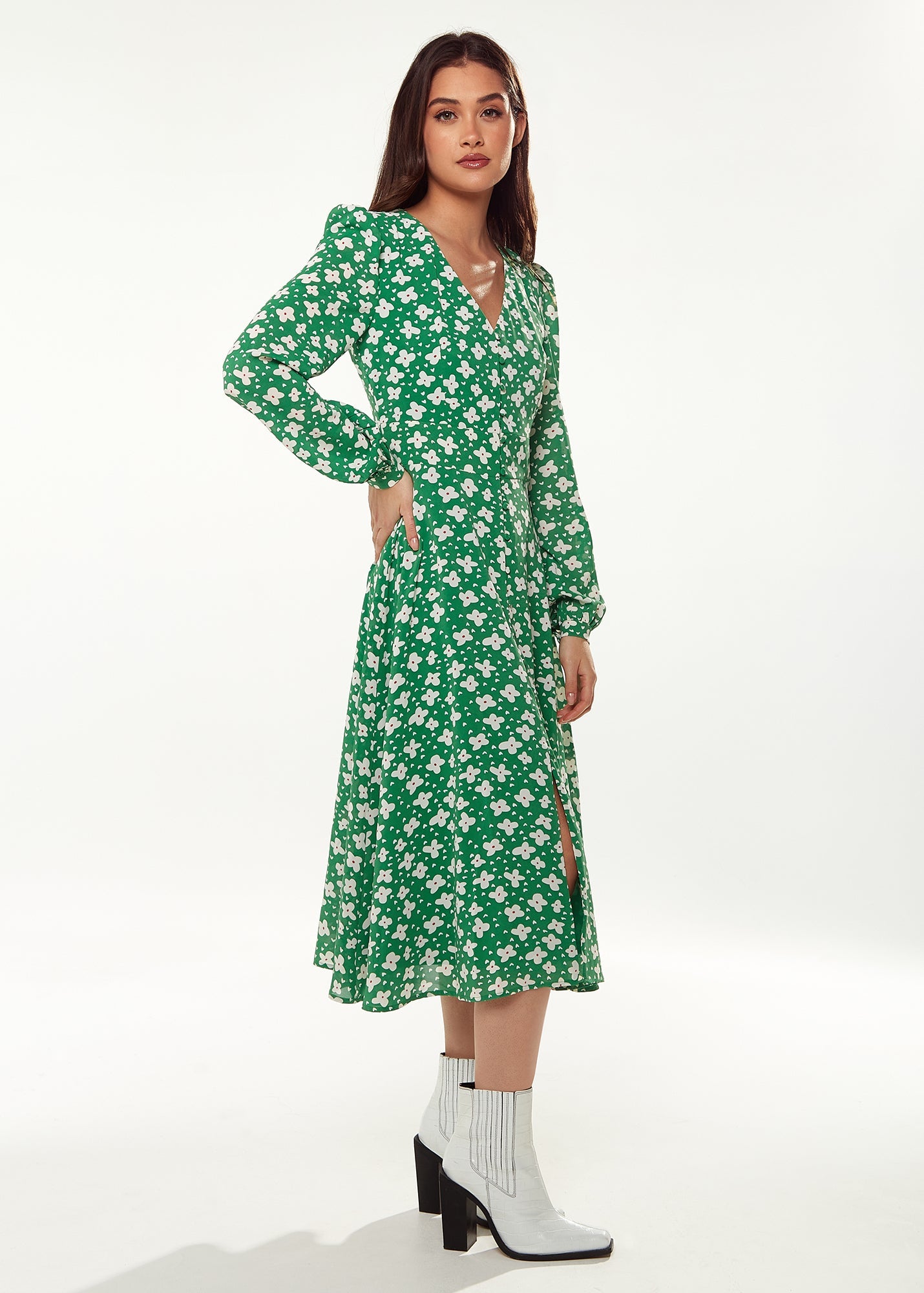 Women's Midi Dress with Long Sleeves in Green - Floral & Heart Print by Liquorish