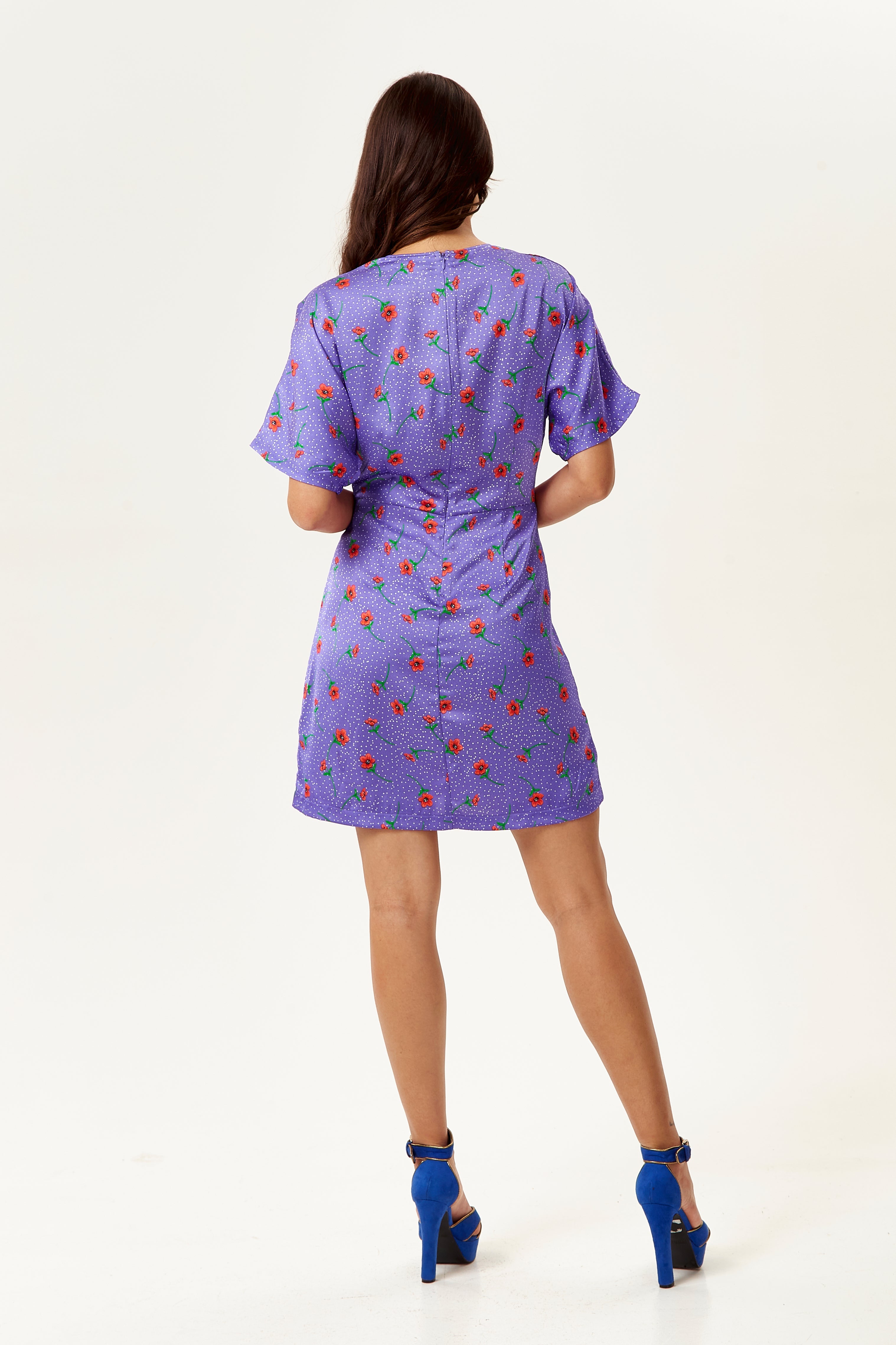 Women's Mini Dress with Knot Front, Floral Print, Short Sleeves, Perfect Fit in Purple - Liquorish