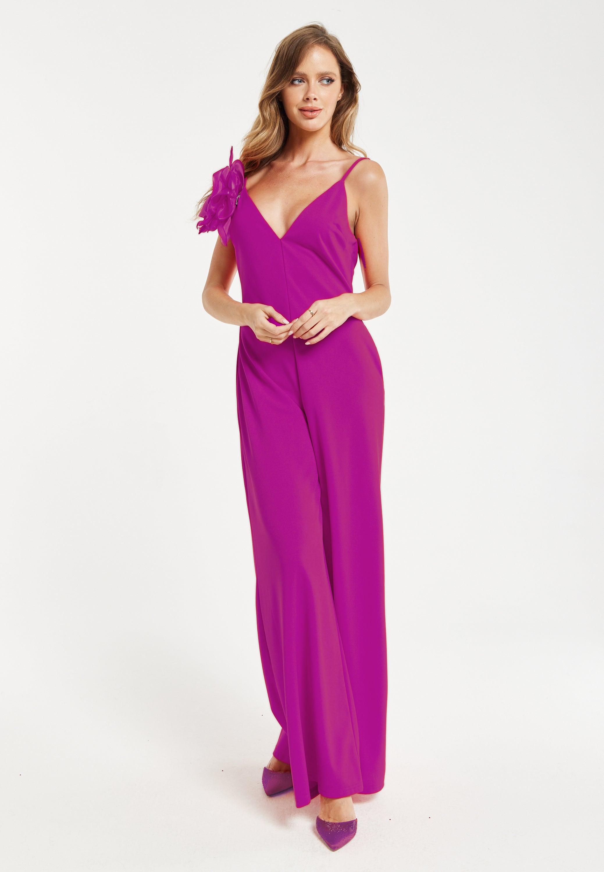 Women's Fuchsia Wide-Leg Jumpsuit with Floral Applique & Deep V-Neck, Side Pockets - Liquorish