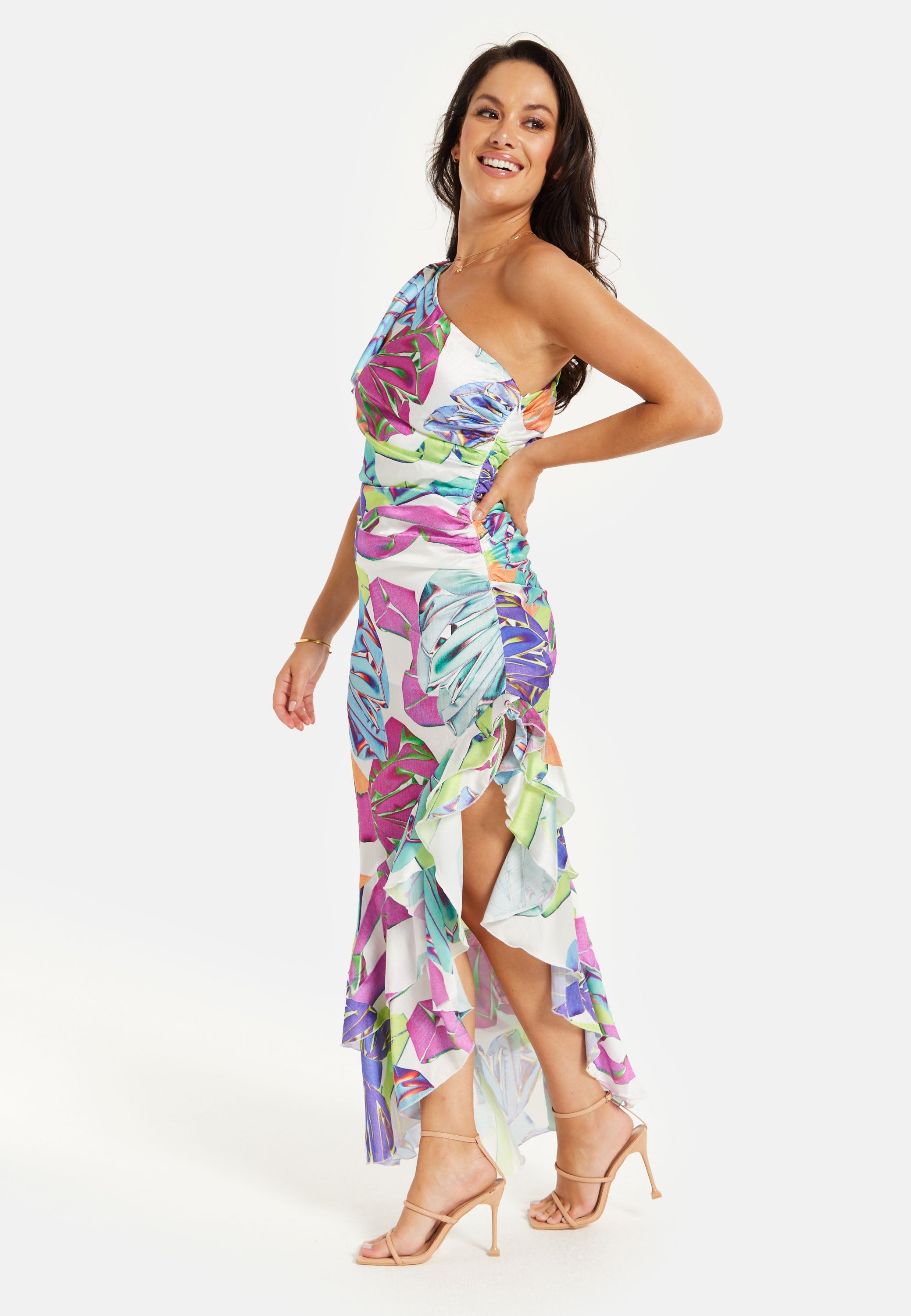 Women’s Midi Dress with One Shoulder Frill and Bow Print, Asymmetric Length, Slim Fit Design