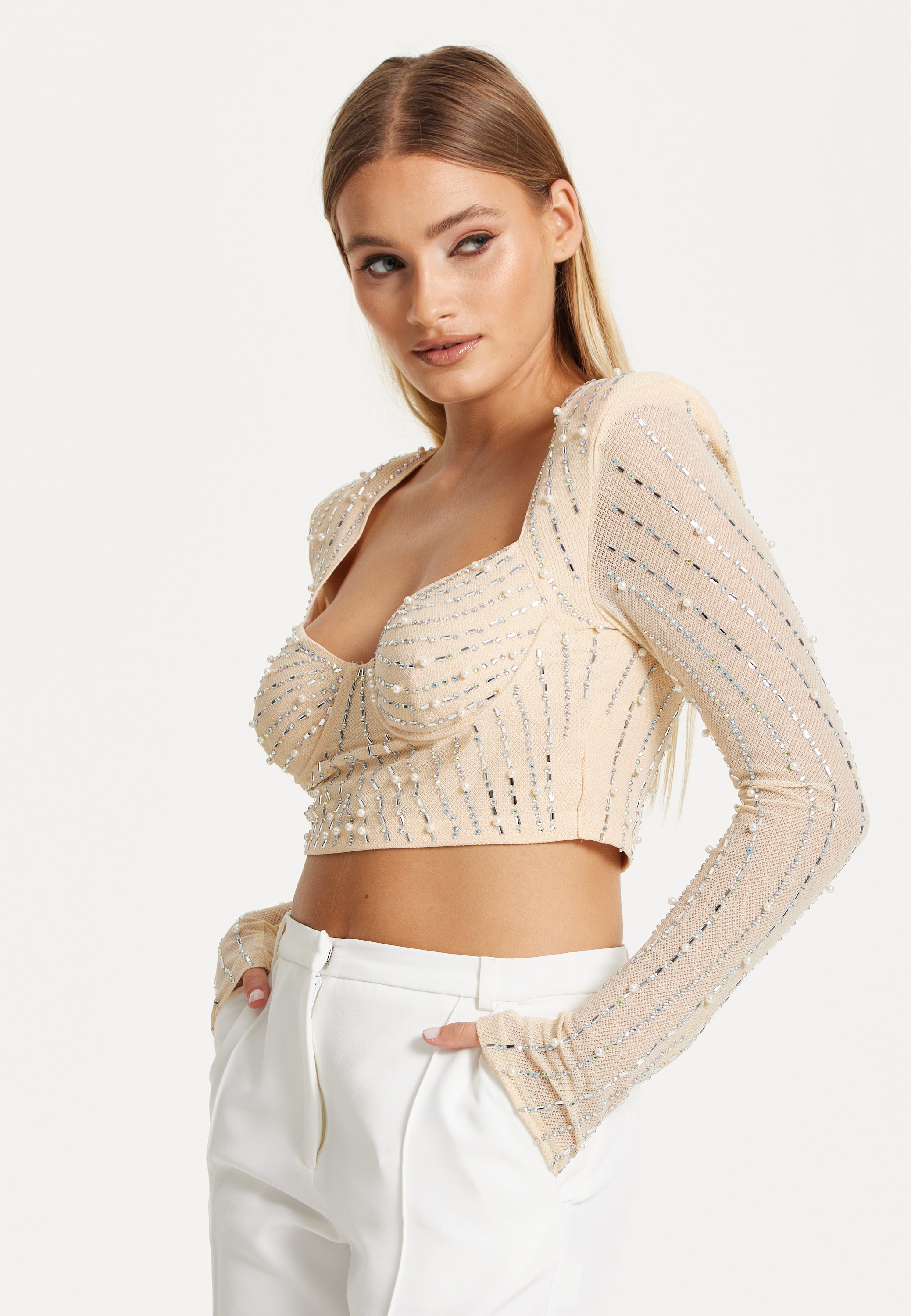 Embellished Nude Long Sleeve Crop Top