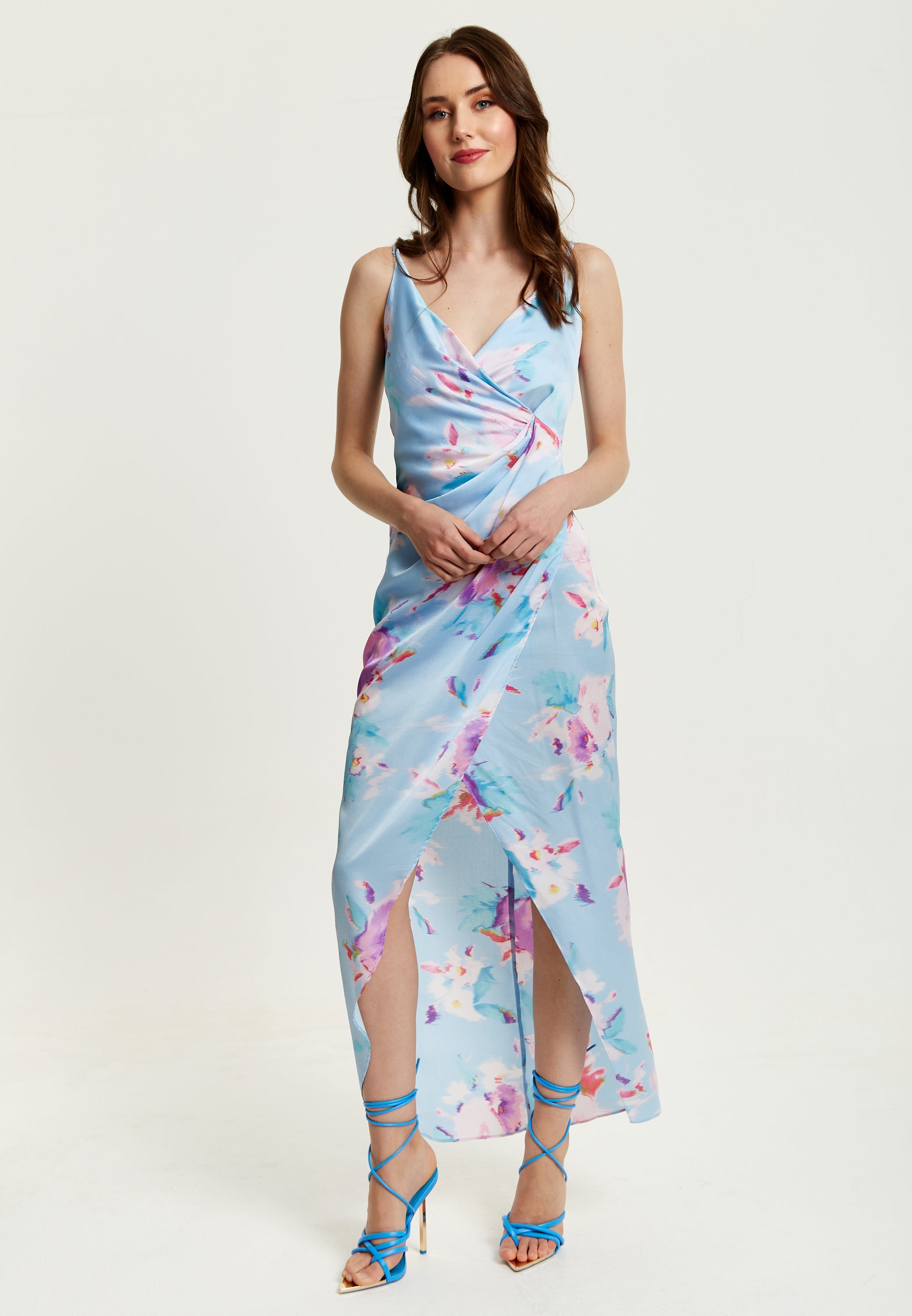 Women's Maxi Dress with Side Tie, Floral Print, Maxi Length, Sleeveless in Blue - Liquorish