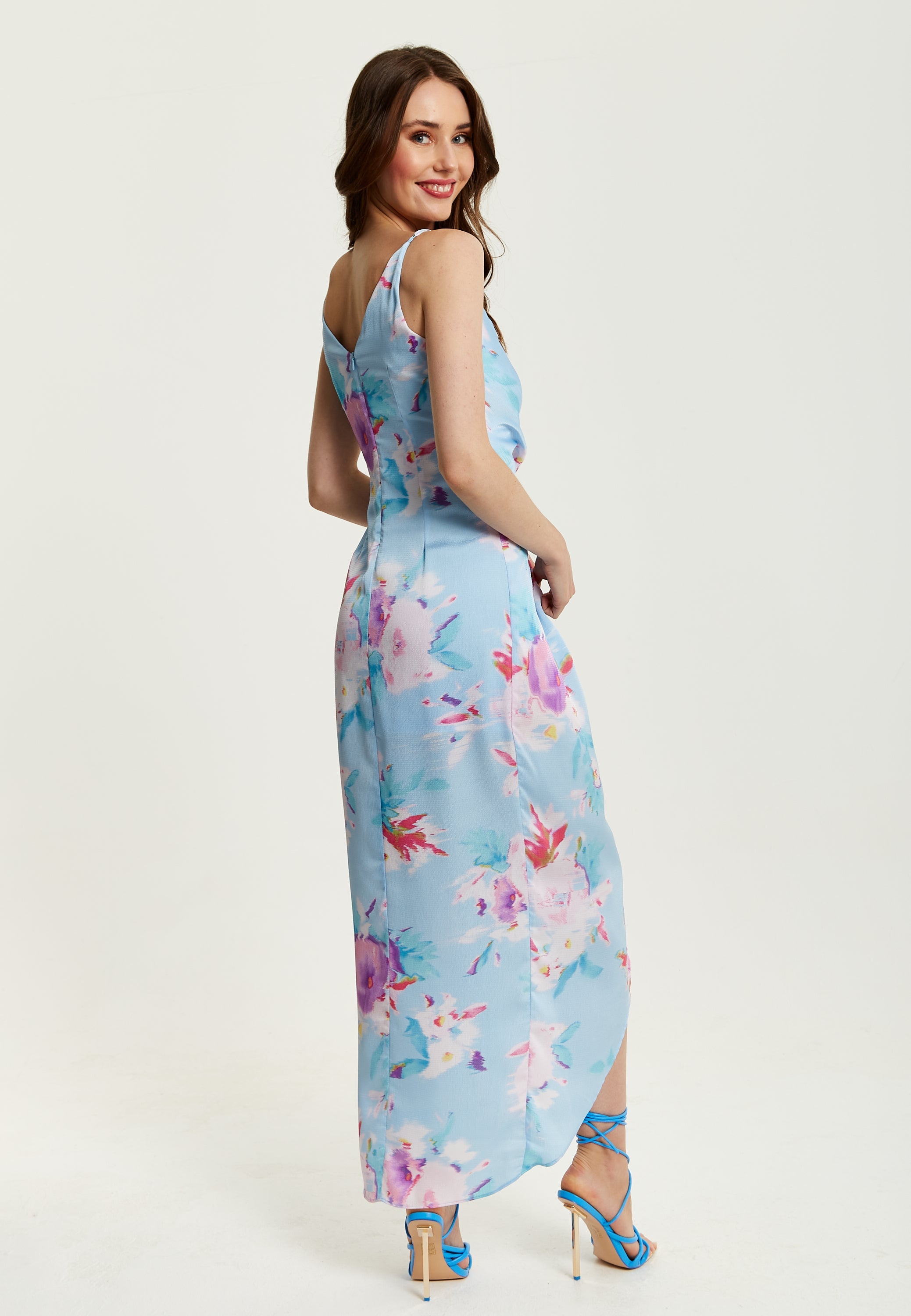 Women's Maxi Dress with Side Tie, Floral Print, Maxi Length, Sleeveless in Blue - Liquorish